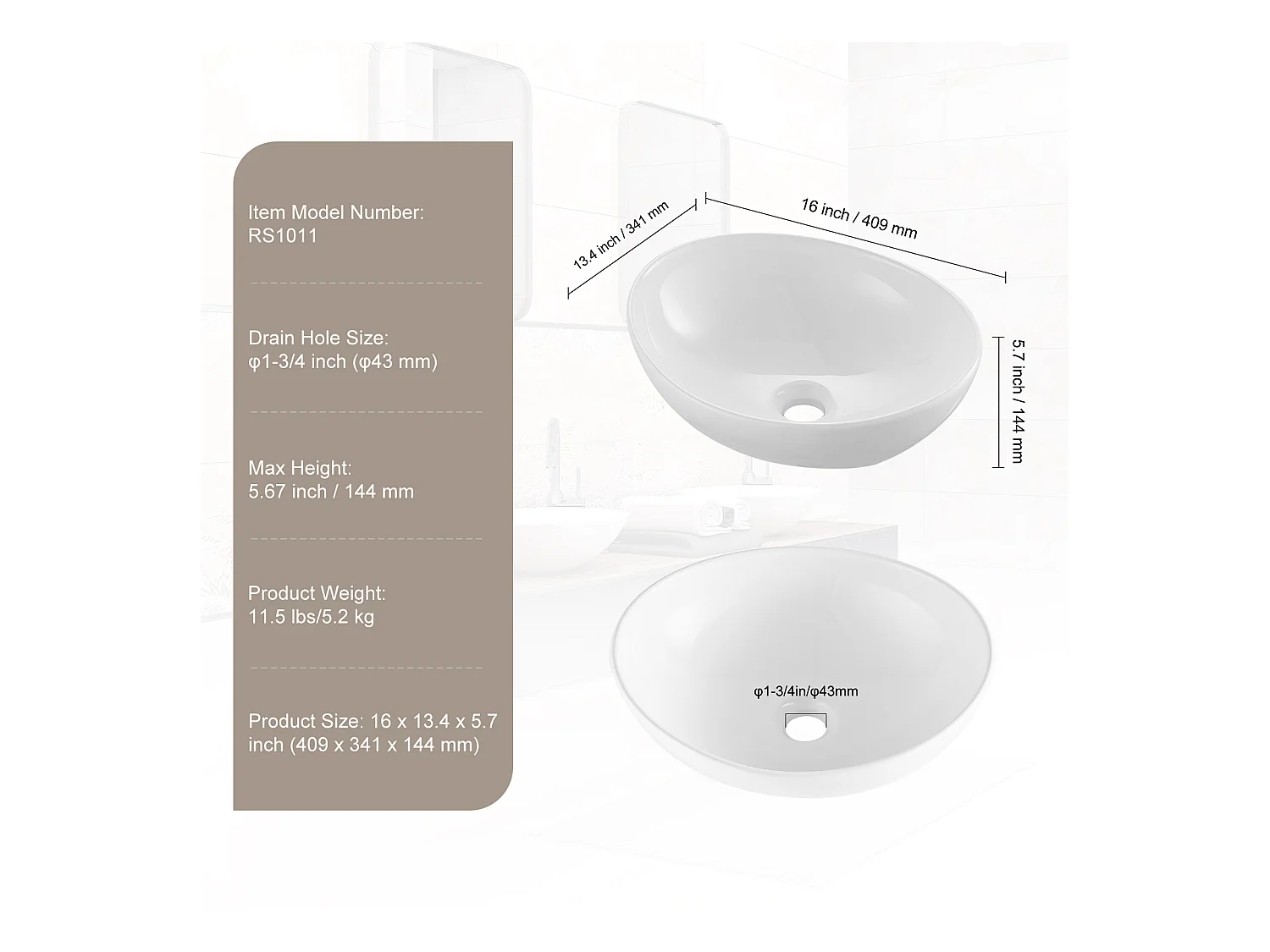 Badkamerwasbak SucceBuy, 41 x 34 cm, Modern Wit, voor Badkamer, Hotel, Toilet, Camper