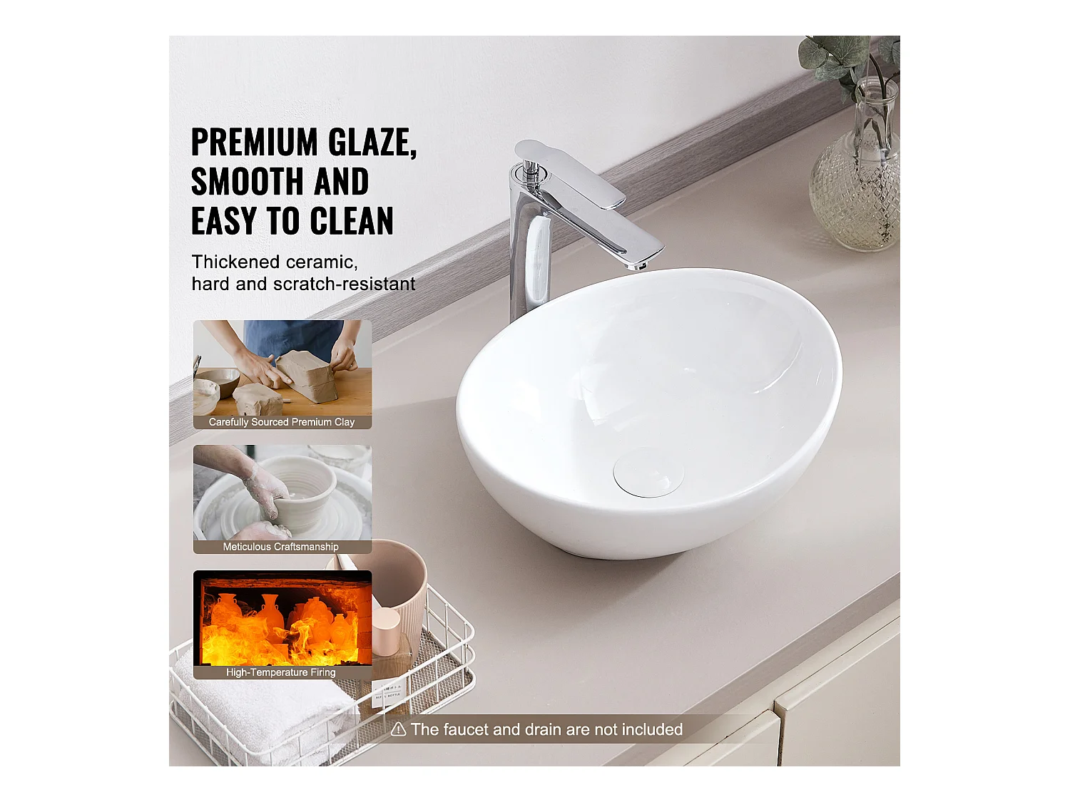 Badkamerwasbak SucceBuy, 41 x 34 cm, Modern Wit, voor Badkamer, Hotel, Toilet, Camper