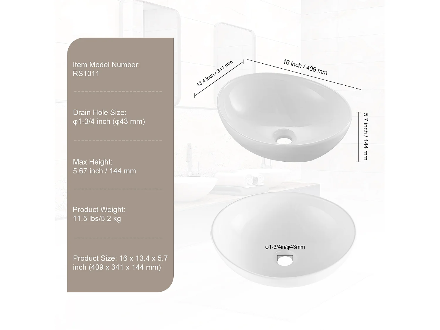 Lavabo de Salle de Bain SucceBuy, 41 x 34 cm, Blanc Moderne, pour Salle de Bain, Hôtel, Toilettes, Camping-Car