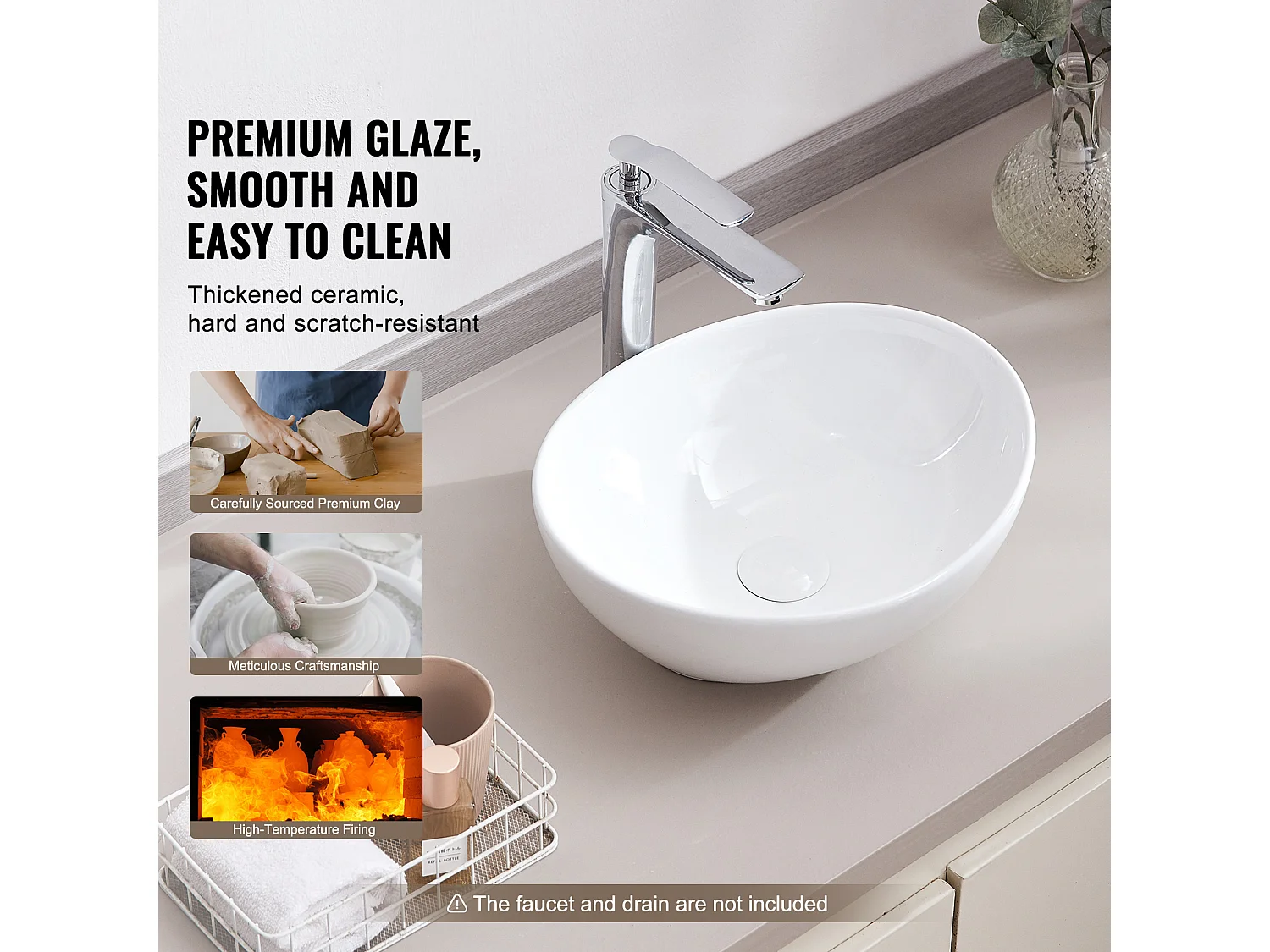 Lavabo de Salle de Bain SucceBuy, 41 x 34 cm, Blanc Moderne, pour Salle de Bain, Hôtel, Toilettes, Camping-Car