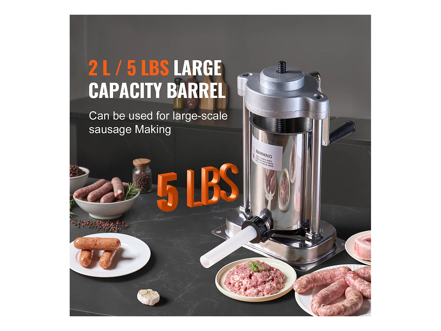 Poussoir à Saucisses Manuel SucceBuy, 2 L, Poussoir à Saucisses en Acier Inoxydable 304, avec Pince, Vertical