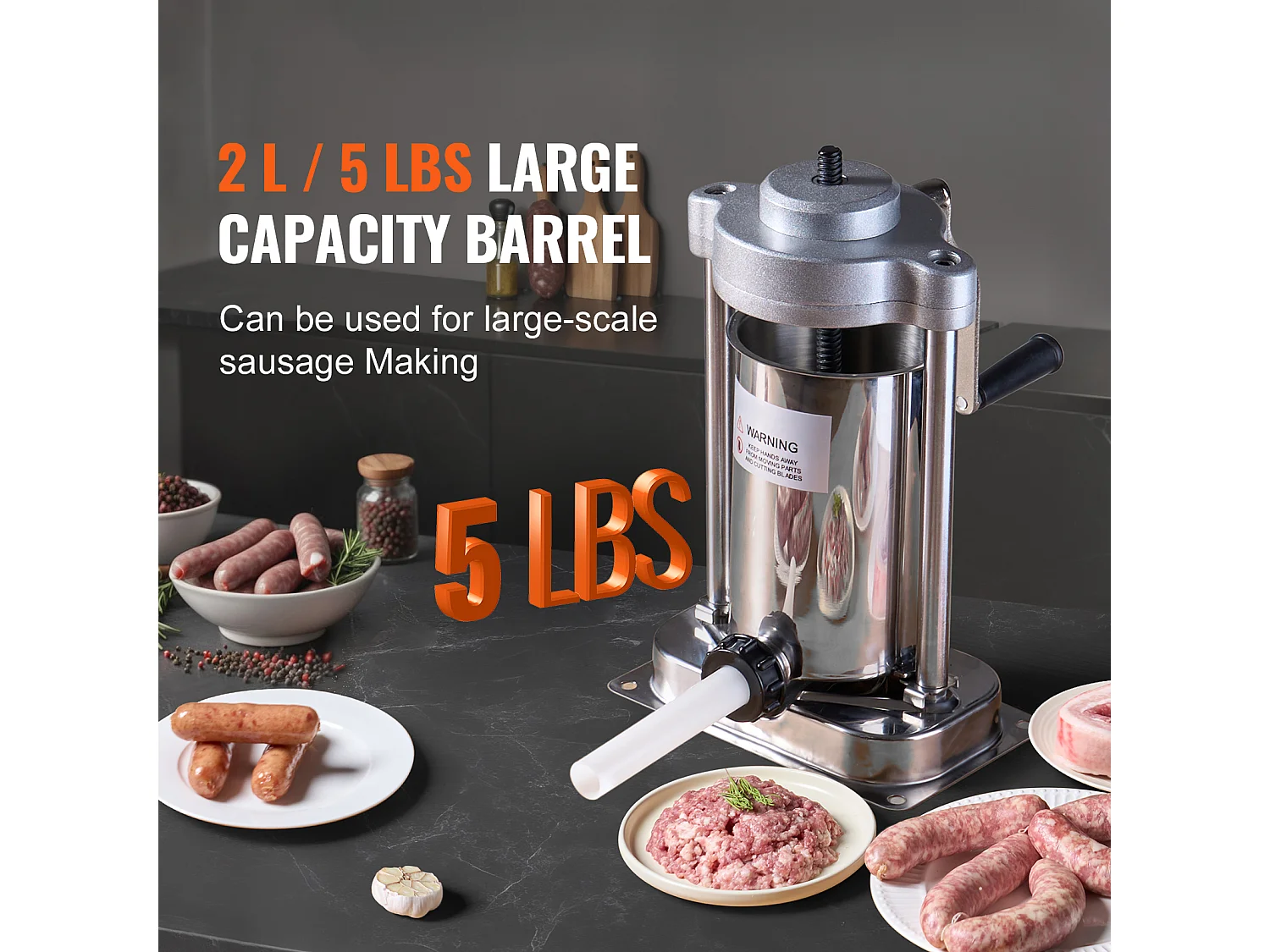 Poussoir à Saucisses Manuel SucceBuy, 2 L, Poussoir à Saucisses en Acier Inoxydable 304, avec Pince, Vertical