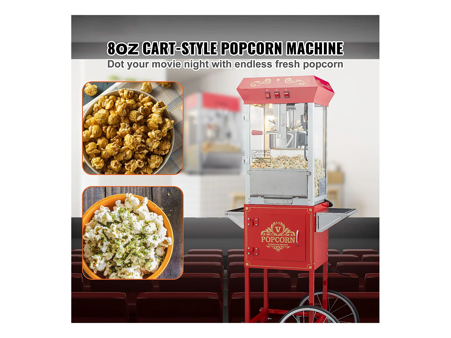 Machine à Pop-Corn SucceBuy Machine à popcorn avec Chariot, 850 W, 8 oz, 48 Tasses, Rouge，610 x 410 x 1 395 mm
