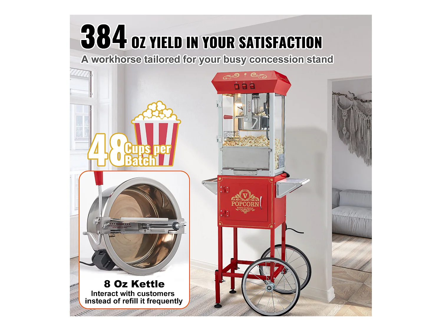Machine à Pop-Corn SucceBuy Machine à popcorn avec Chariot, 850 W, 8 oz, 48 Tasses, Rouge，610 x 410 x 1 395 mm
