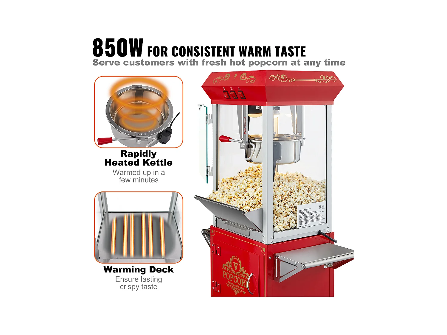 Machine à Pop-Corn SucceBuy Machine à popcorn avec Chariot, 850 W, 8 oz, 48 Tasses, Rouge，610 x 410 x 1 395 mm