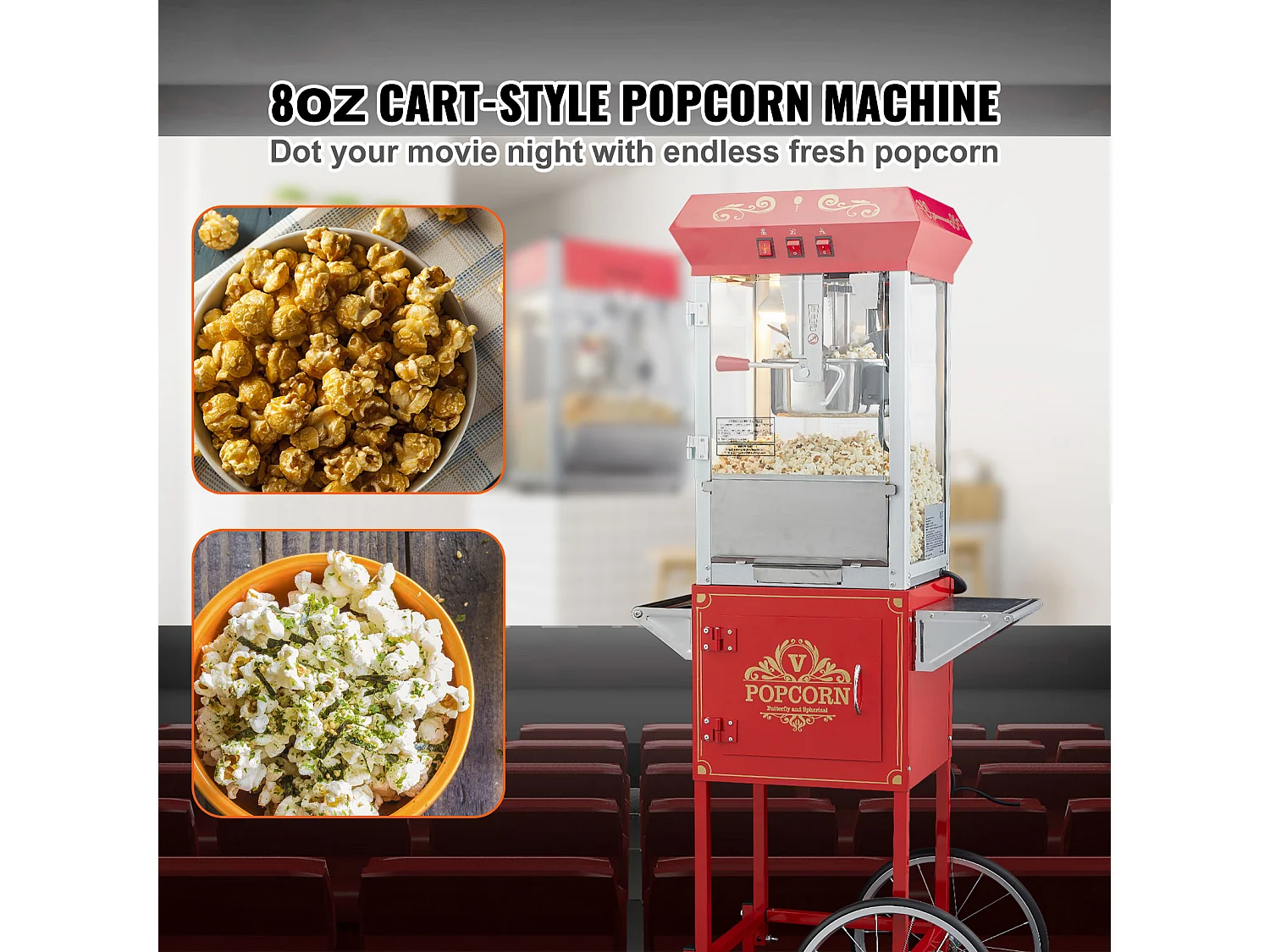 Máquina de Palomitas SucceBuy, Máquina de Palomitas con Carrito, 850 W, 8 oz, 48 Tazas, Rojo, 610 x 410 x 1395 mm