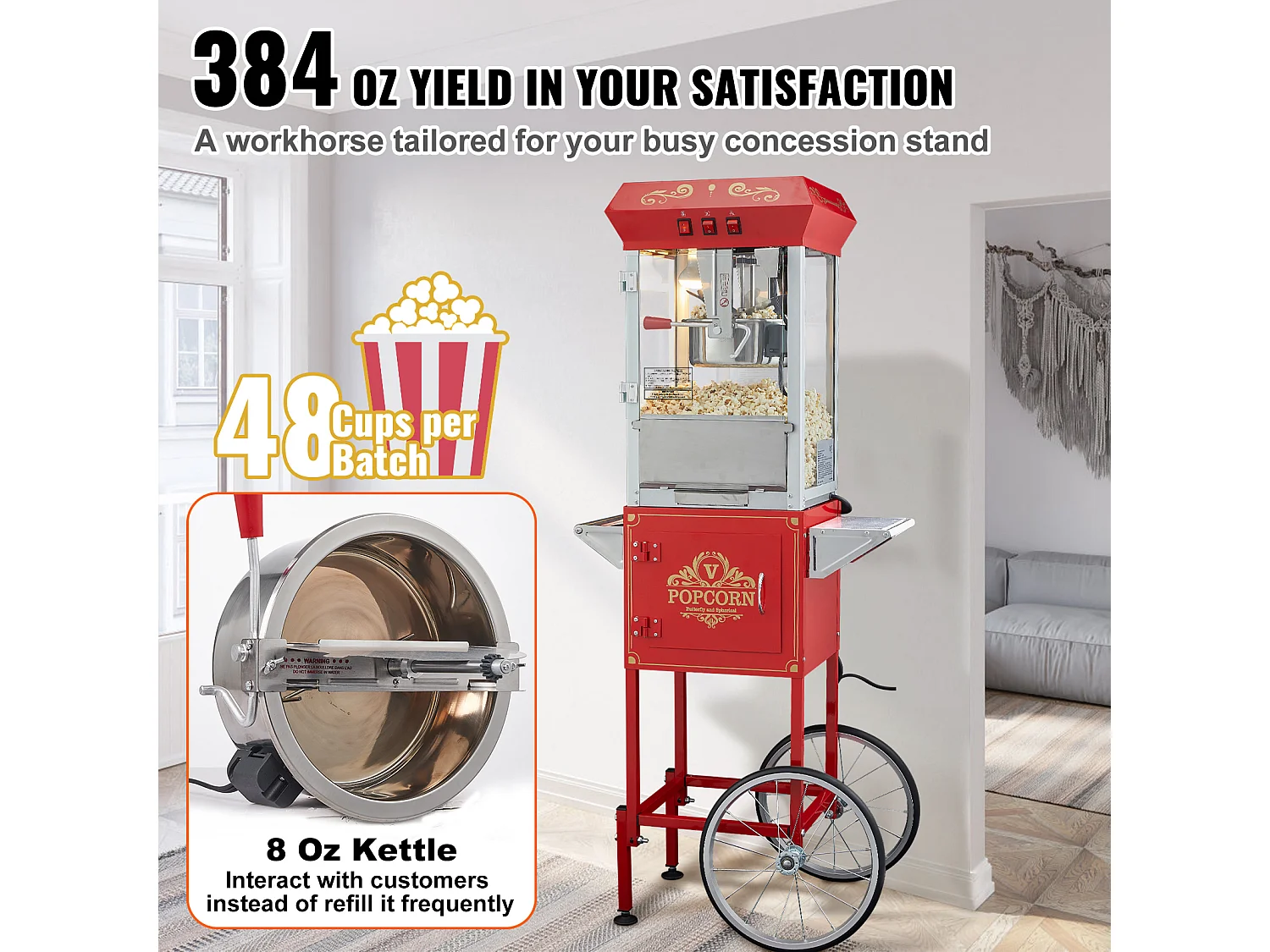 Máquina de Palomitas SucceBuy, Máquina de Palomitas con Carrito, 850 W, 8 oz, 48 Tazas, Rojo, 610 x 410 x 1395 mm