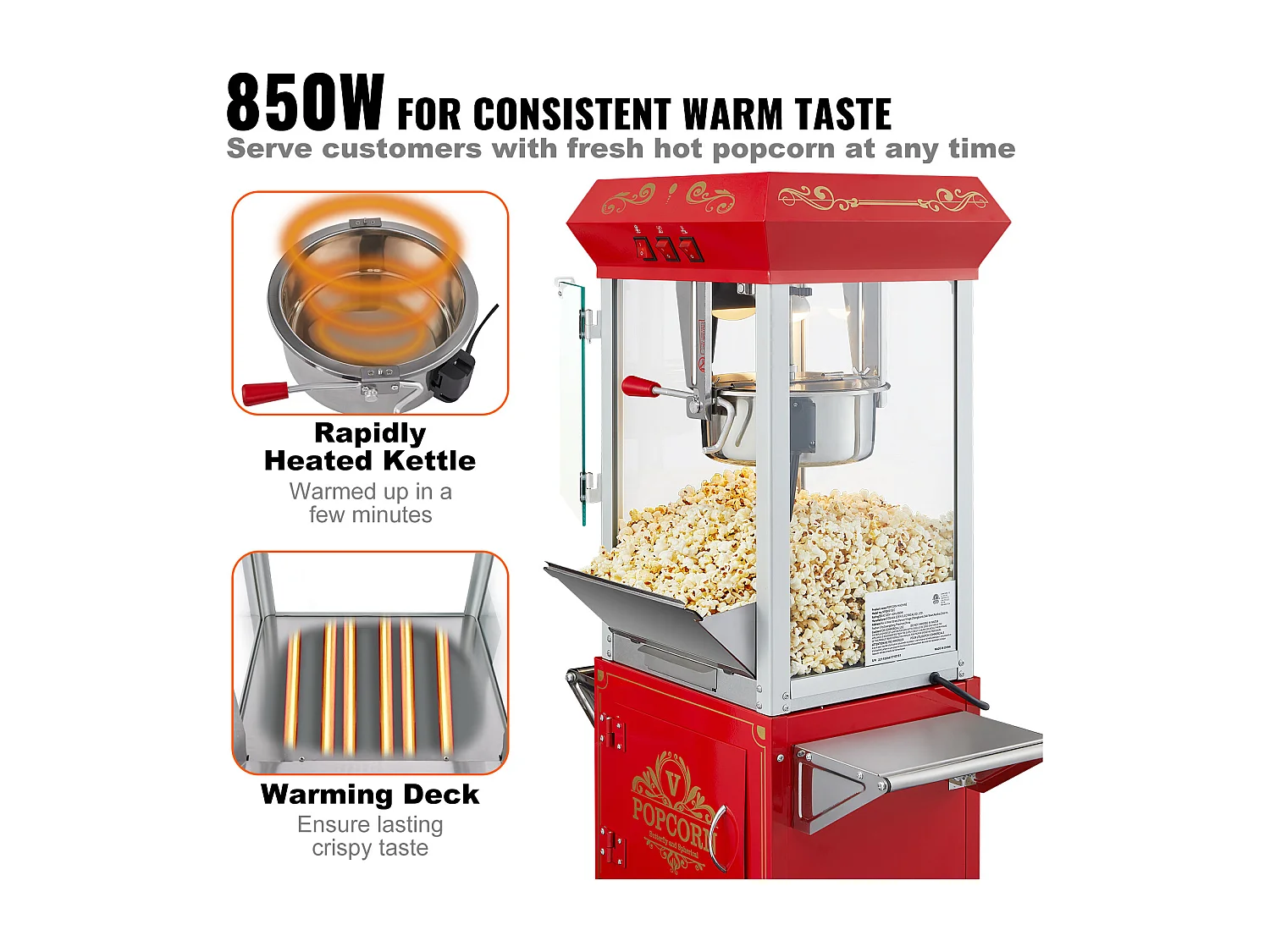 Máquina de Palomitas SucceBuy, Máquina de Palomitas con Carrito, 850 W, 8 oz, 48 Tazas, Rojo, 610 x 410 x 1395 mm