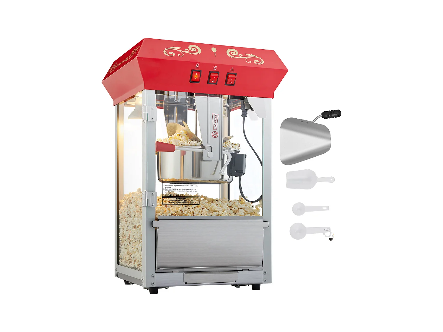 Máquina de Palomitas SucceBuy, 850 W, Máquina de Palomitas de 227 ml, Prepara 48 Tazas por Lote, Incluye 4 Cucharas, Estilo Cine, Rojo