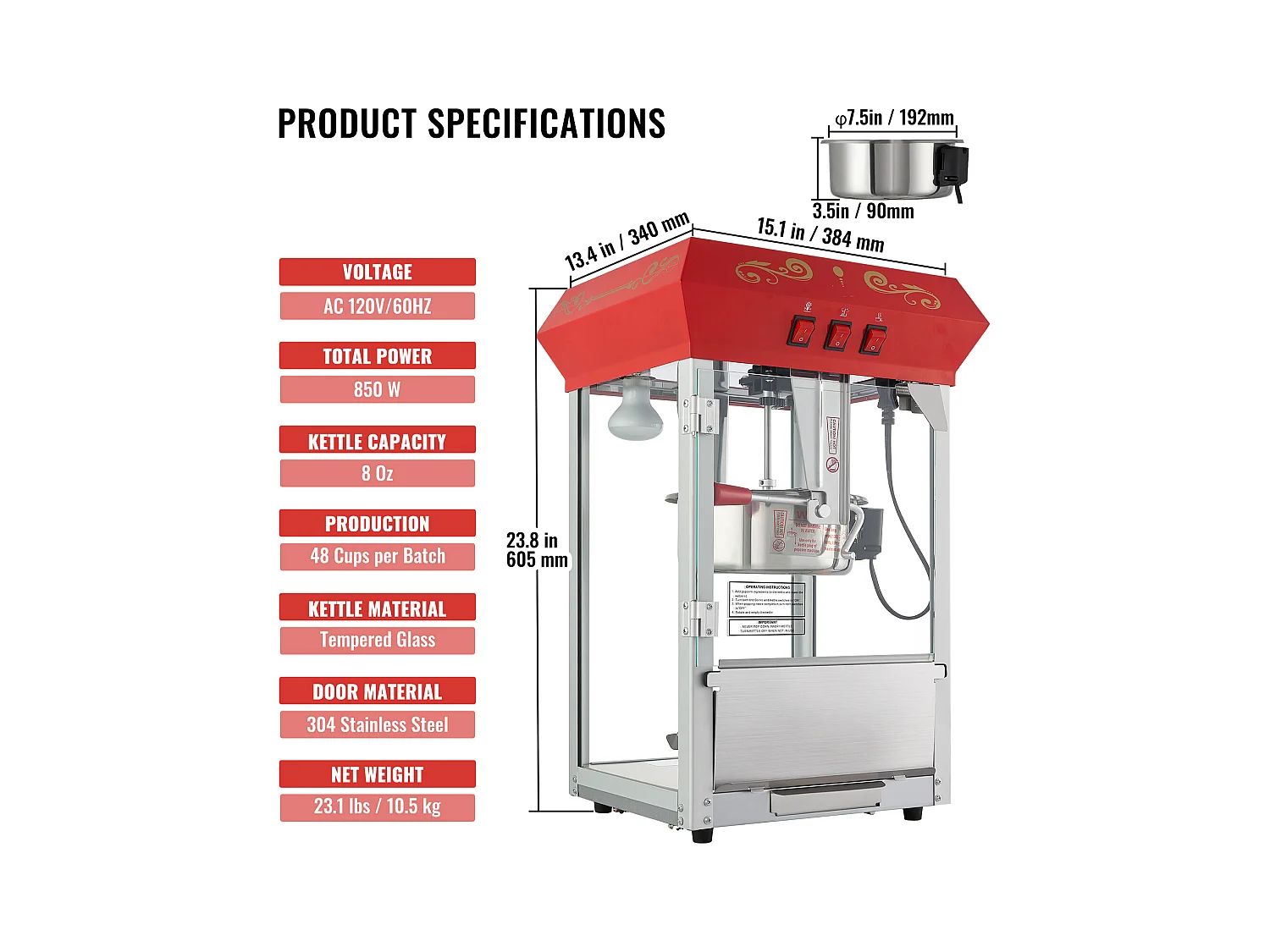 Máquina de Palomitas SucceBuy, 850 W, Máquina de Palomitas de 227 ml, Prepara 48 Tazas por Lote, Incluye 4 Cucharas, Estilo Cine, Rojo