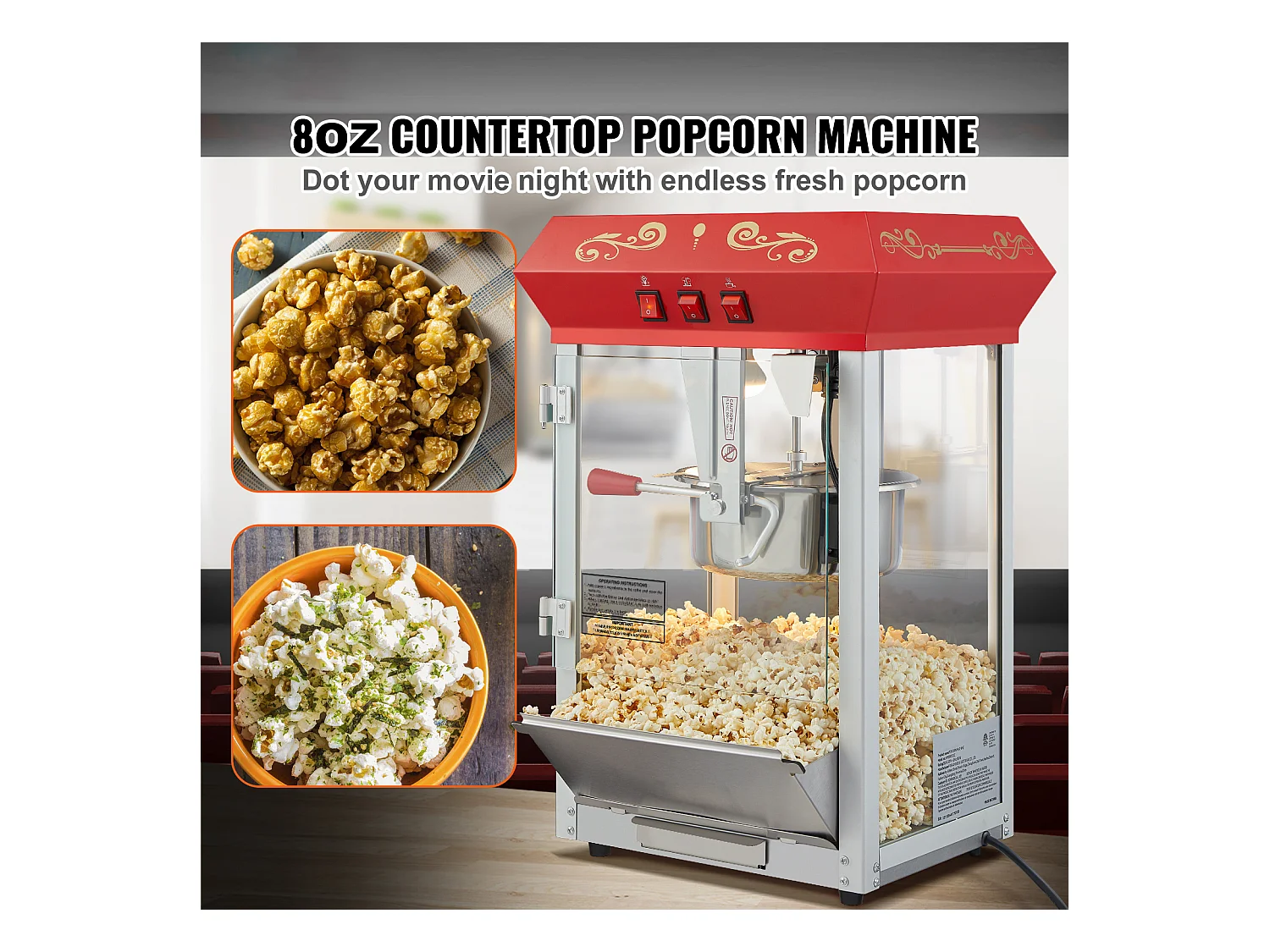 Máquina de Palomitas SucceBuy, 850 W, Máquina de Palomitas de 227 ml, Prepara 48 Tazas por Lote, Incluye 4 Cucharas, Estilo Cine, Rojo