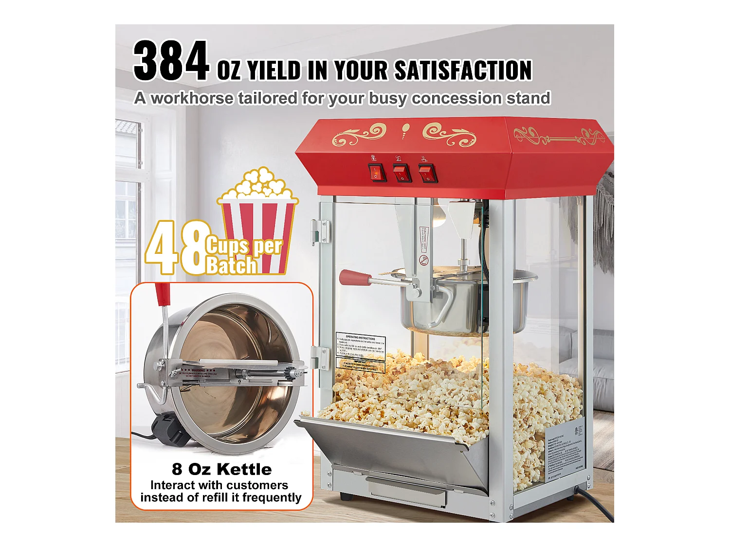 Máquina de Palomitas SucceBuy, 850 W, Máquina de Palomitas de 227 ml, Prepara 48 Tazas por Lote, Incluye 4 Cucharas, Estilo Cine, Rojo