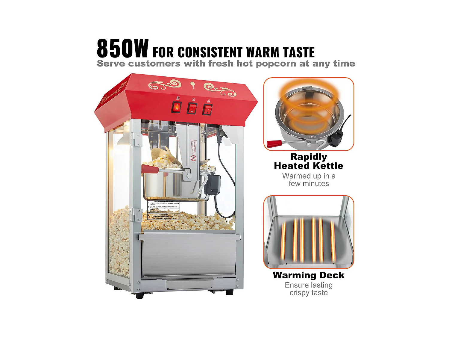 Máquina de Palomitas SucceBuy, 850 W, Máquina de Palomitas de 227 ml, Prepara 48 Tazas por Lote, Incluye 4 Cucharas, Estilo Cine, Rojo