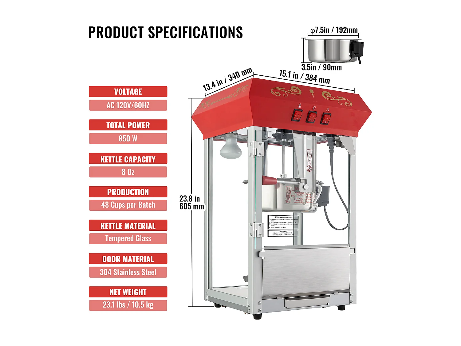 Machine à Pop-Corn 850 W SucceBuy, Machine à Pop-Corn de 227 ml, Permet de Préparer 48 Tasses par lot, Comprend 4 Cuillères, Style Cinéma, Rouge