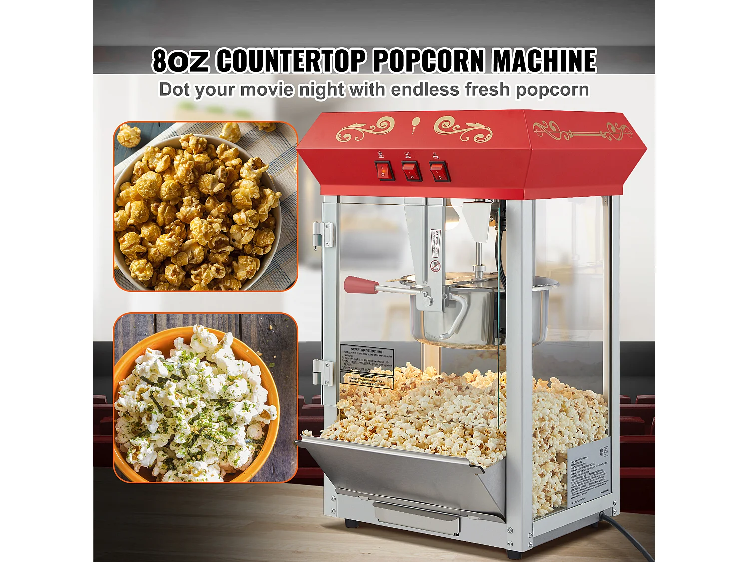 Machine à Pop-Corn 850 W SucceBuy, Machine à Pop-Corn de 227 ml, Permet de Préparer 48 Tasses par lot, Comprend 4 Cuillères, Style Cinéma, Rouge