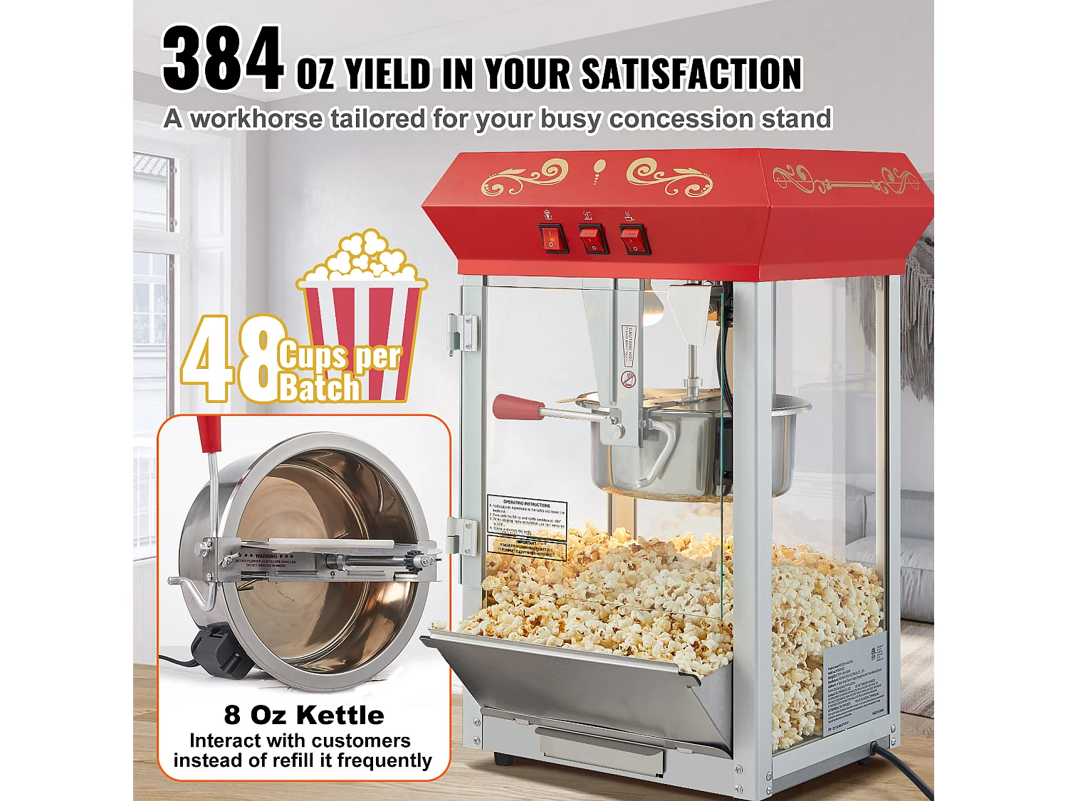 Machine à Pop-Corn 850 W SucceBuy, Machine à Pop-Corn de 227 ml, Permet de Préparer 48 Tasses par lot, Comprend 4 Cuillères, Style Cinéma, Rouge