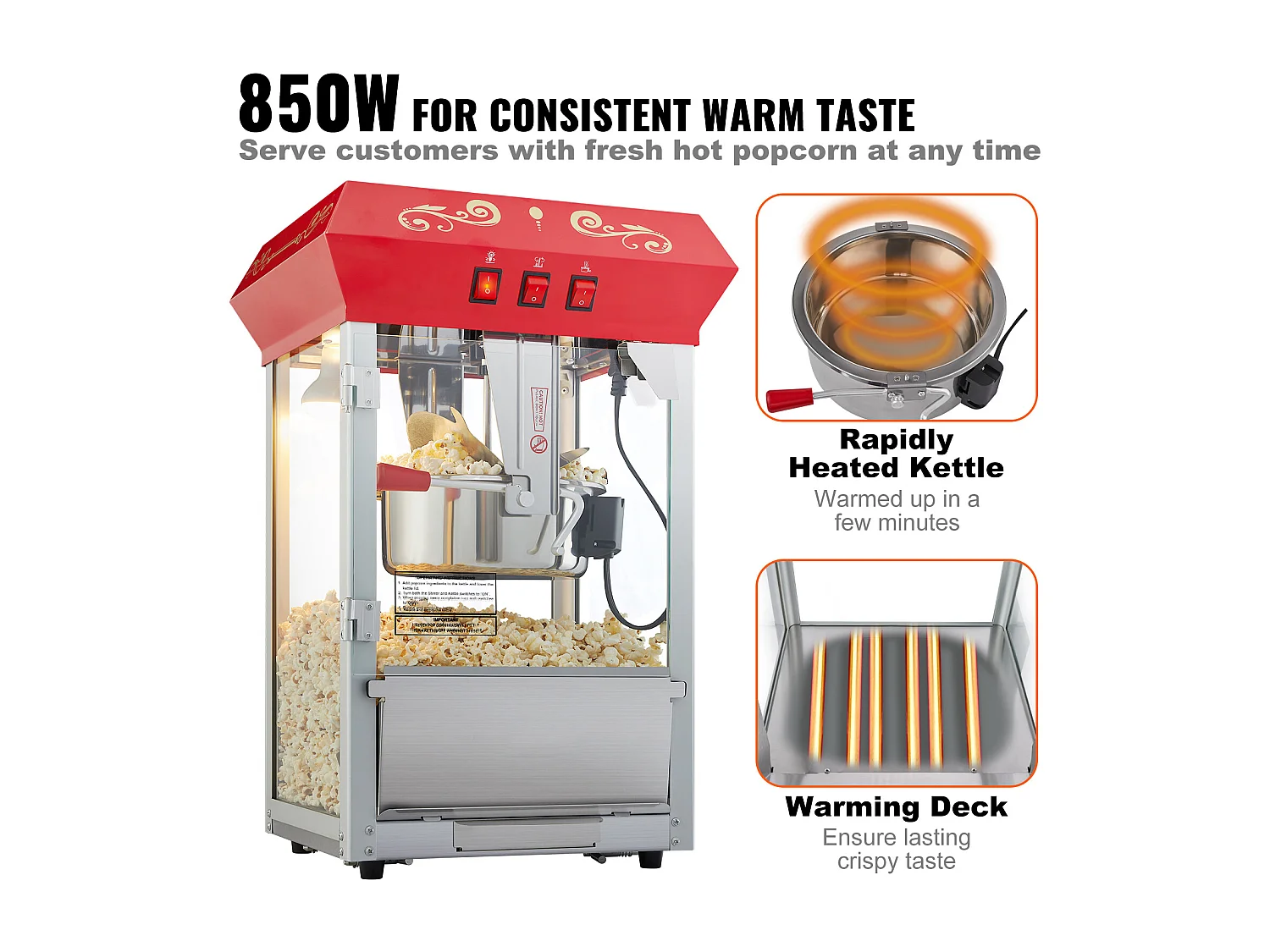 Machine à Pop-Corn 850 W SucceBuy, Machine à Pop-Corn de 227 ml, Permet de Préparer 48 Tasses par lot, Comprend 4 Cuillères, Style Cinéma, Rouge