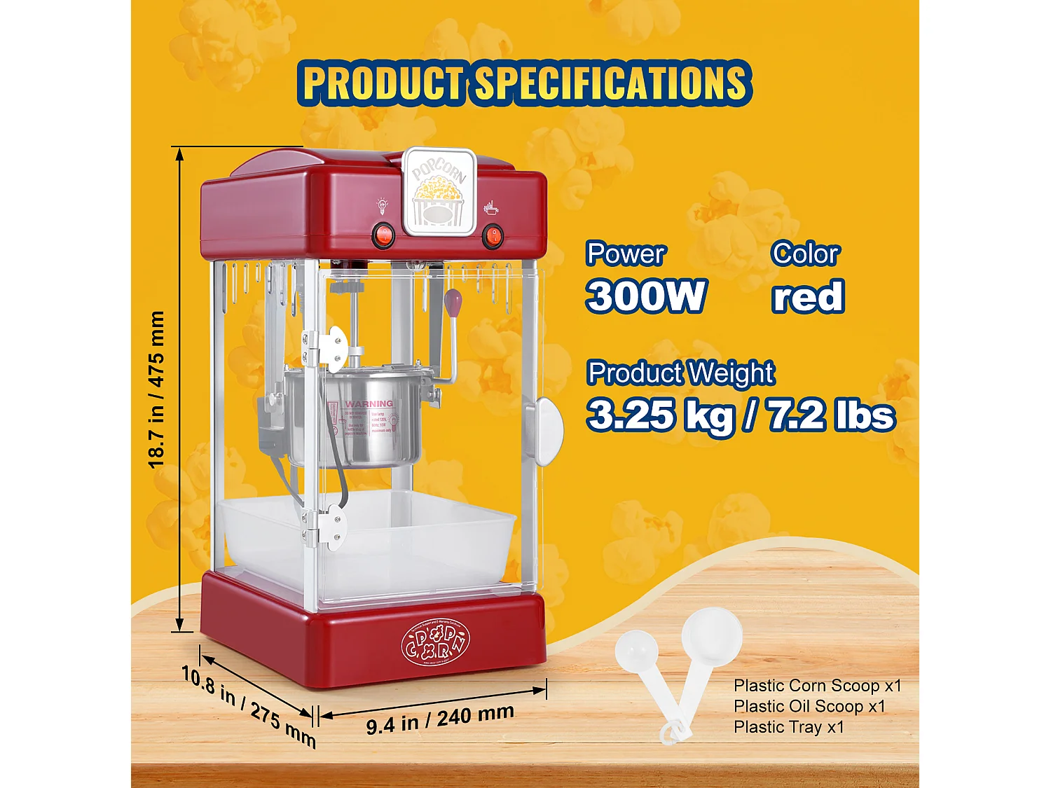 Machine à Pop-Corn SucceBuy, Machine à Pop-Corn Kettle Popper de 300 W et 2,5 oz, 4 pintes par lot, Machine à Pop-Corn de Table avec Porte en PP, Rouge