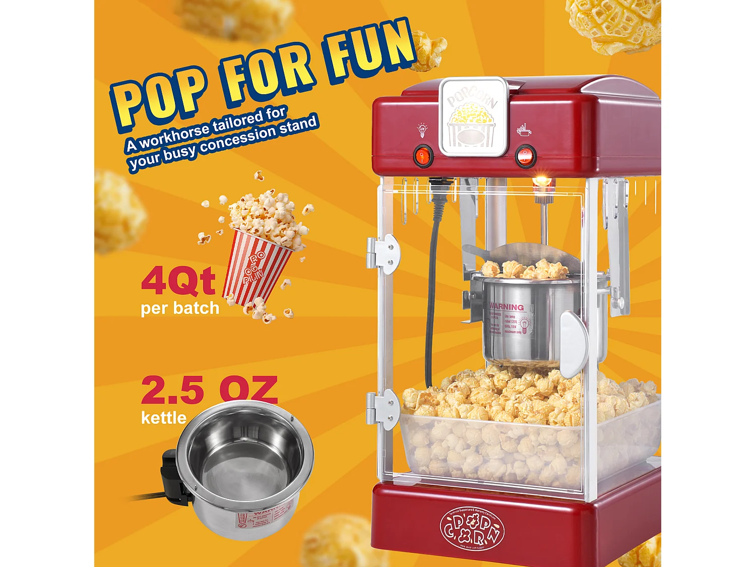 Machine à Pop-Corn SucceBuy, Machine à Pop-Corn Kettle Popper de 300 W et 2,5 oz, 4 pintes par lot, Machine à Pop-Corn de Table avec Porte en PP, Rouge