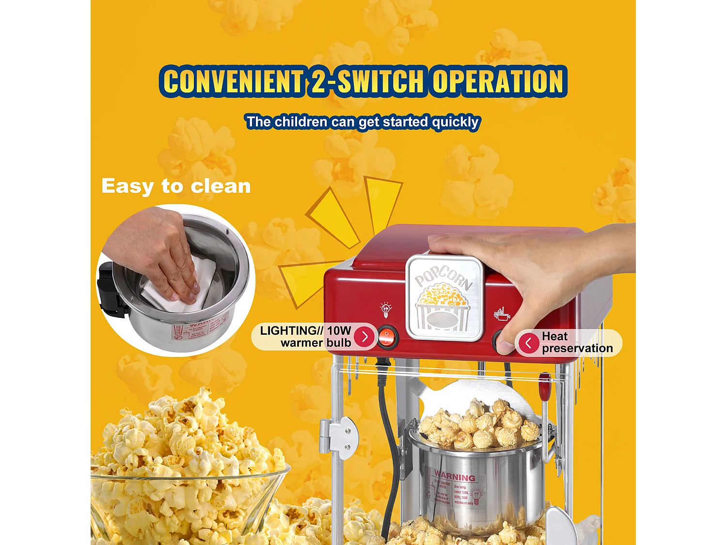 Machine à Pop-Corn SucceBuy, Machine à Pop-Corn Kettle Popper de 300 W et 2,5 oz, 4 pintes par lot, Machine à Pop-Corn de Table avec Porte en PP, Rouge