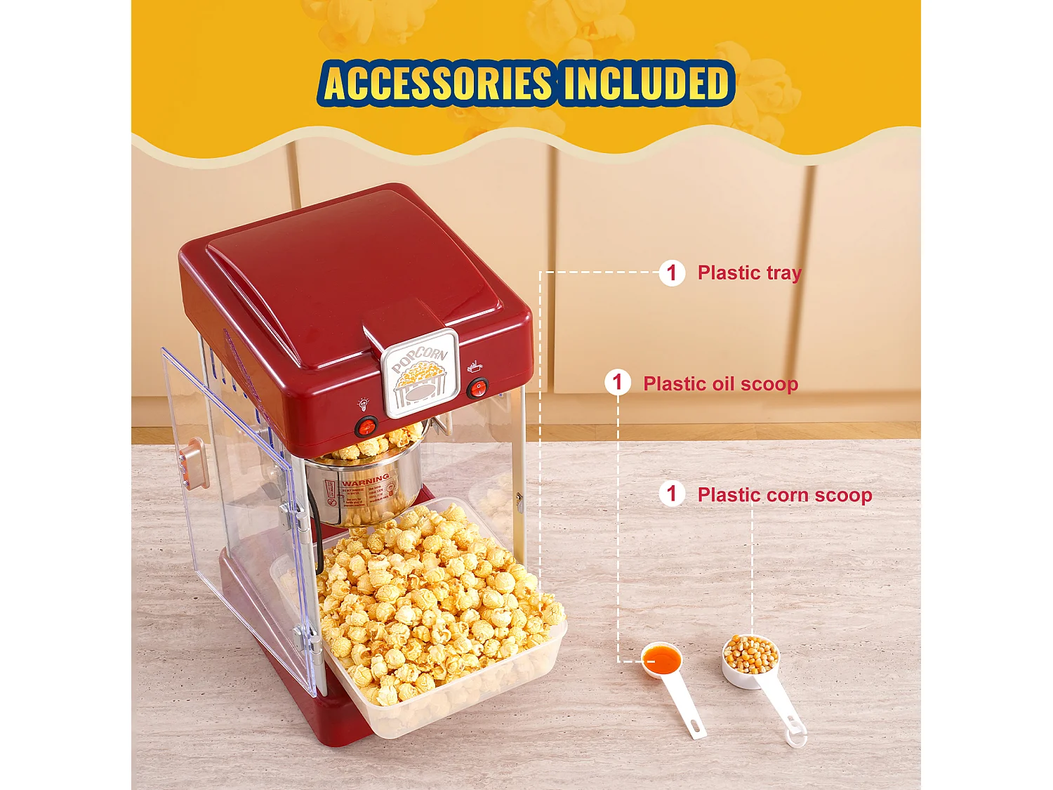 Machine à Pop-Corn SucceBuy, Machine à Pop-Corn Kettle Popper de 300 W et 2,5 oz, 4 pintes par lot, Machine à Pop-Corn de Table avec Porte en PP, Rouge