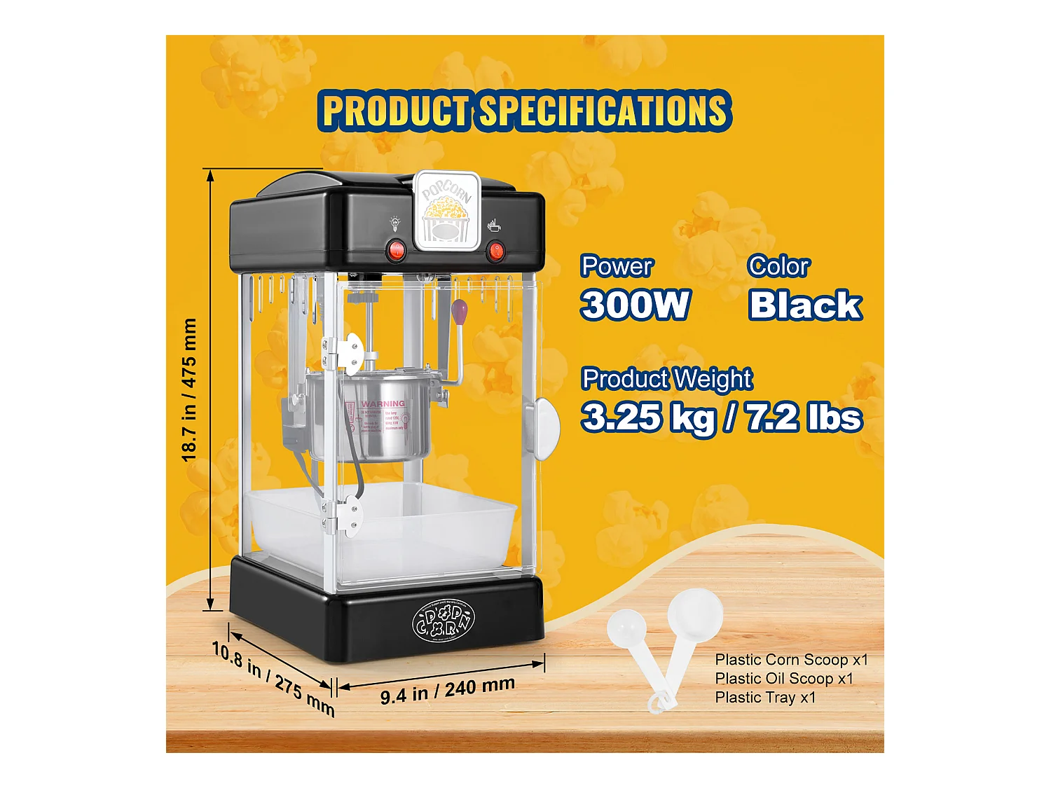 Machine à Pop-Corn SucceBuy, Machine à Pop-Corn 300 W, Machine à Pop-corn de Table avec Porte en PP, Comprend 2 Cuillères et un Plateau, Style Cinéma, Noir