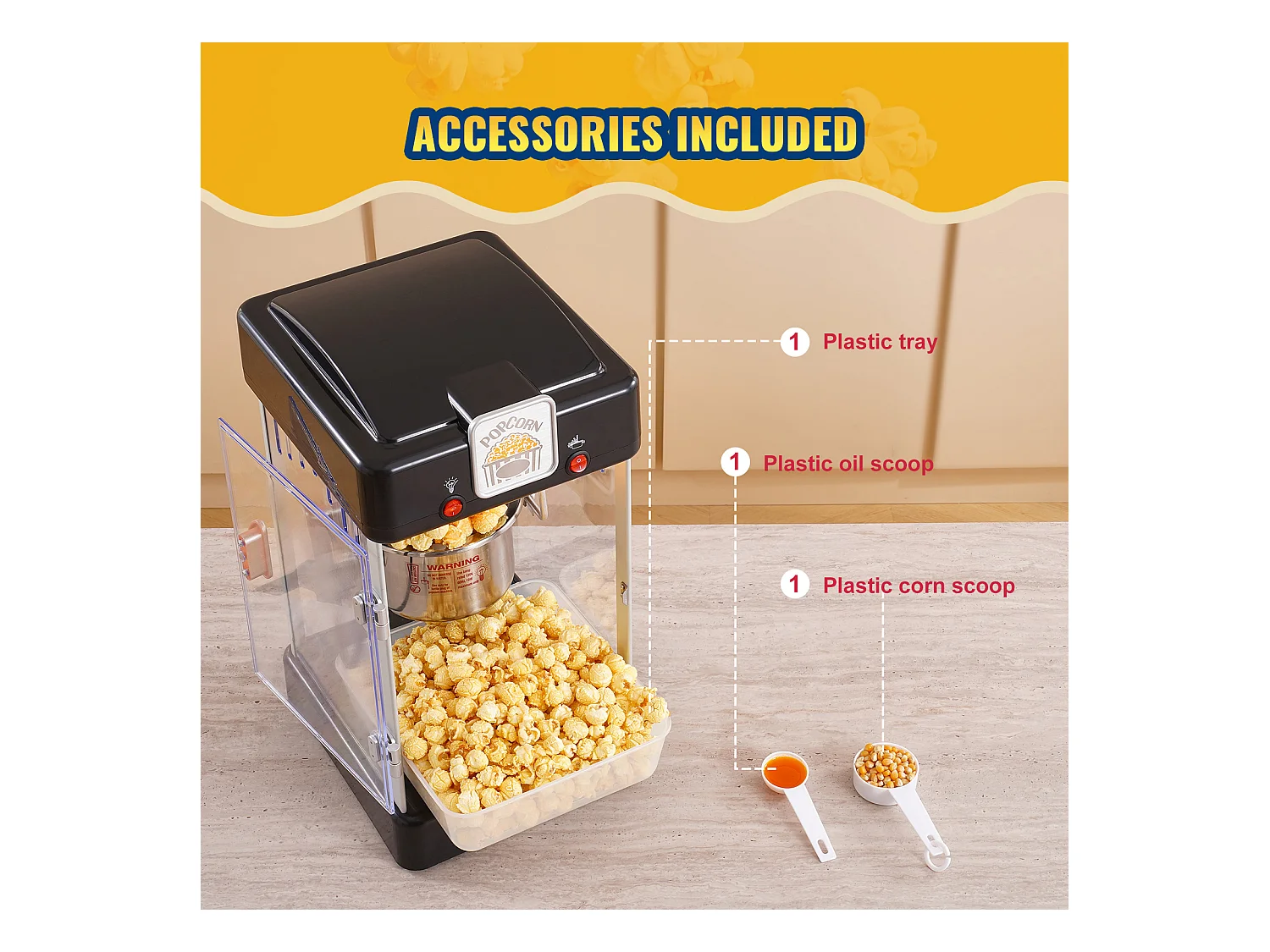 Machine à Pop-Corn SucceBuy, Machine à Pop-Corn 300 W, Machine à Pop-corn de Table avec Porte en PP, Comprend 2 Cuillères et un Plateau, Style Cinéma, Noir