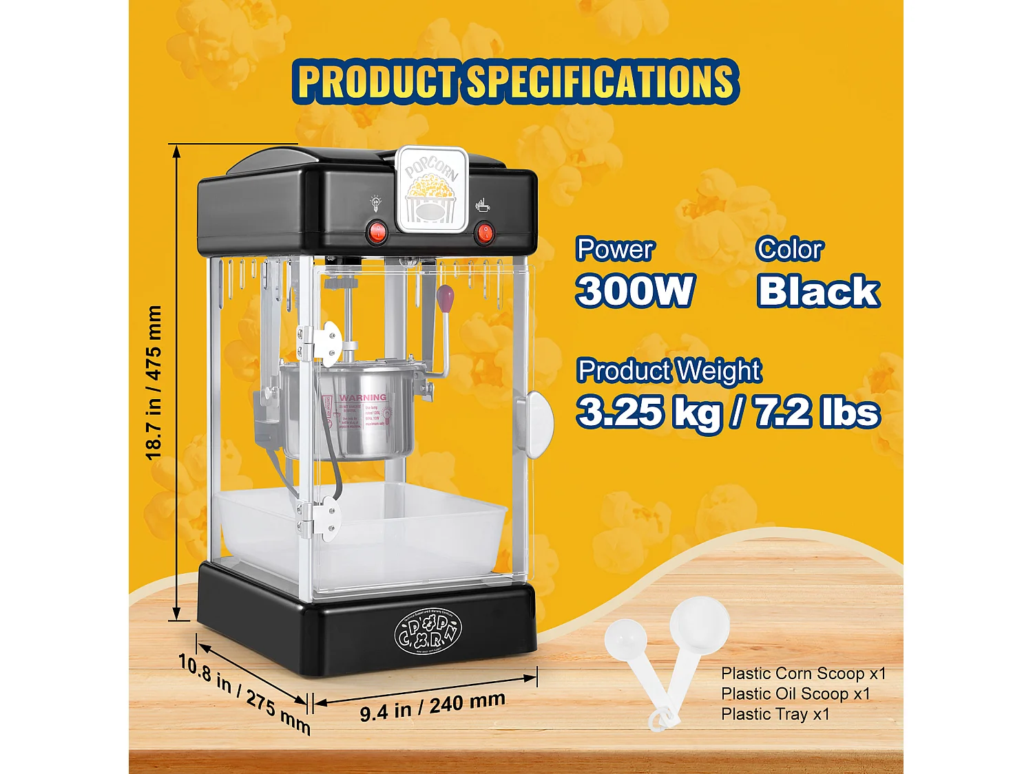 Machine à Pop-Corn SucceBuy, Machine à Pop-Corn 300 W, Machine à Pop-corn de Table avec Porte en PP, Comprend 2 Cuillères et un Plateau, Style Cinéma, Noir