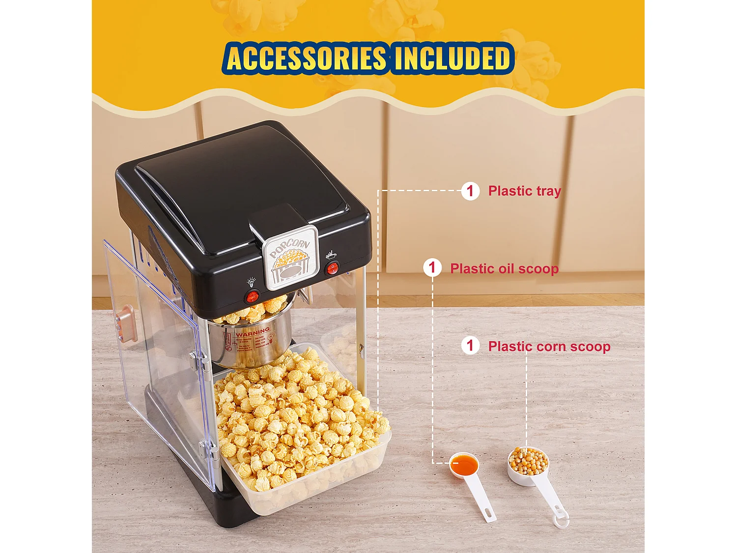 Machine à Pop-Corn SucceBuy, Machine à Pop-Corn 300 W, Machine à Pop-corn de Table avec Porte en PP, Comprend 2 Cuillères et un Plateau, Style Cinéma, Noir