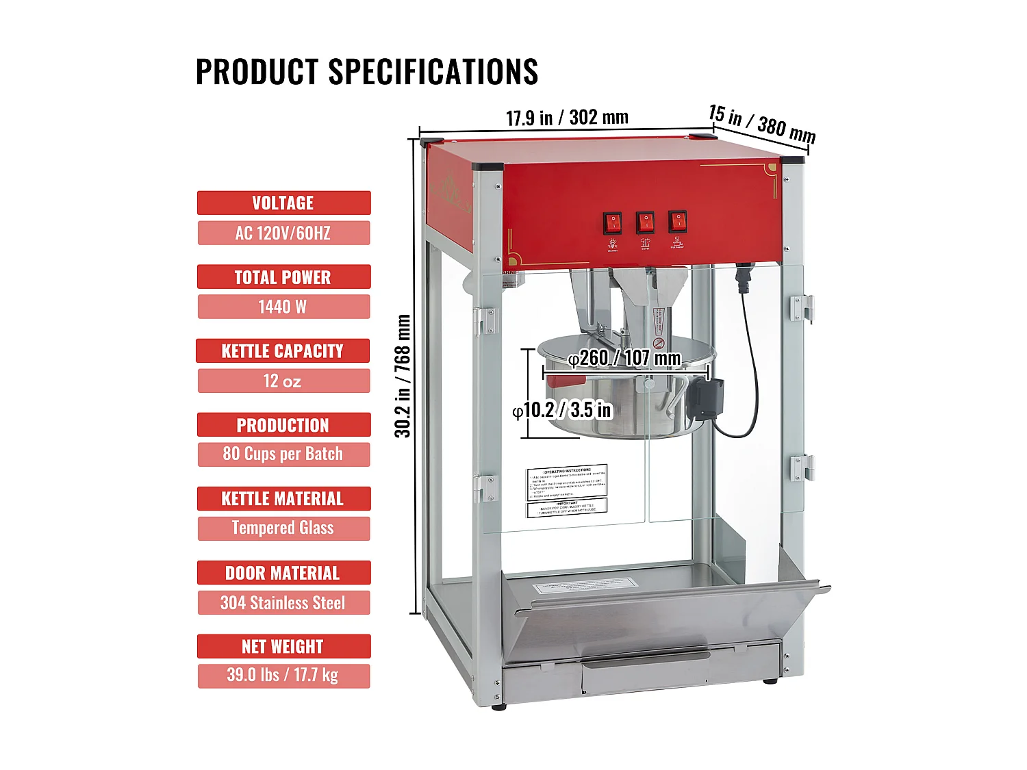 Machine à Pop-Corn SucceBuy, 1440 W, Bouilloire de 12 oz, 80 Tasses par lot, Machine de Comptoir avec Verre Trempé, 3 Cuillères en Acier Inoxydable, Rouge