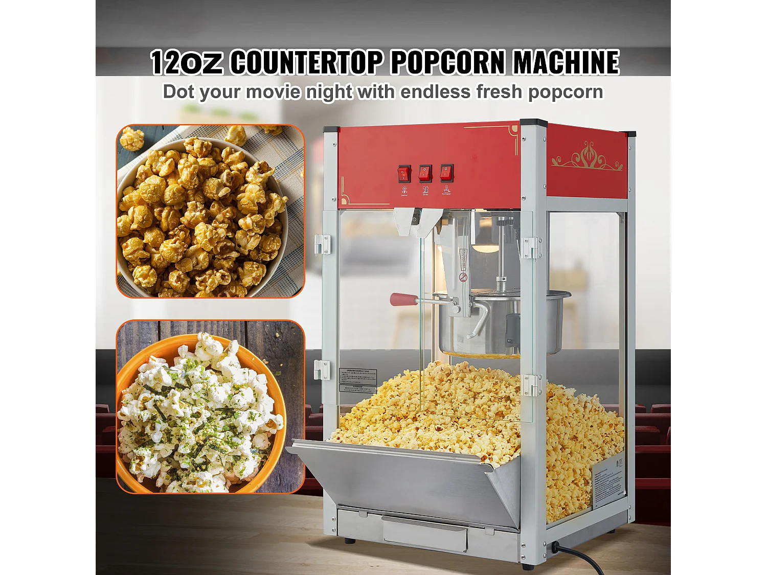 Machine à Pop-Corn SucceBuy, 1440 W, Bouilloire de 12 oz, 80 Tasses par lot, Machine de Comptoir avec Verre Trempé, 3 Cuillères en Acier Inoxydable, Rouge