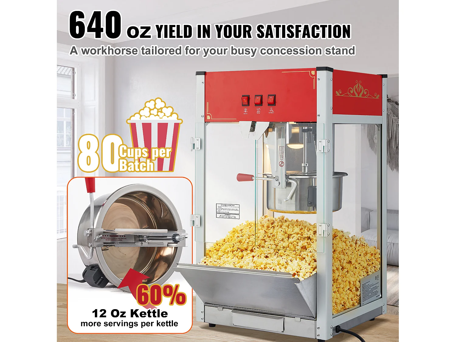 Machine à Pop-Corn SucceBuy, 1440 W, Bouilloire de 12 oz, 80 Tasses par lot, Machine de Comptoir avec Verre Trempé, 3 Cuillères en Acier Inoxydable, Rouge