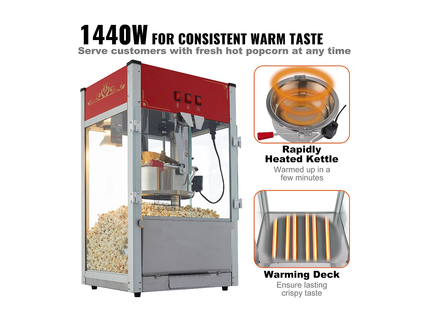 Machine à Pop-Corn SucceBuy, 1440 W, Bouilloire de 12 oz, 80 Tasses par lot, Machine de Comptoir avec Verre Trempé, 3 Cuillères en Acier Inoxydable, Rouge
