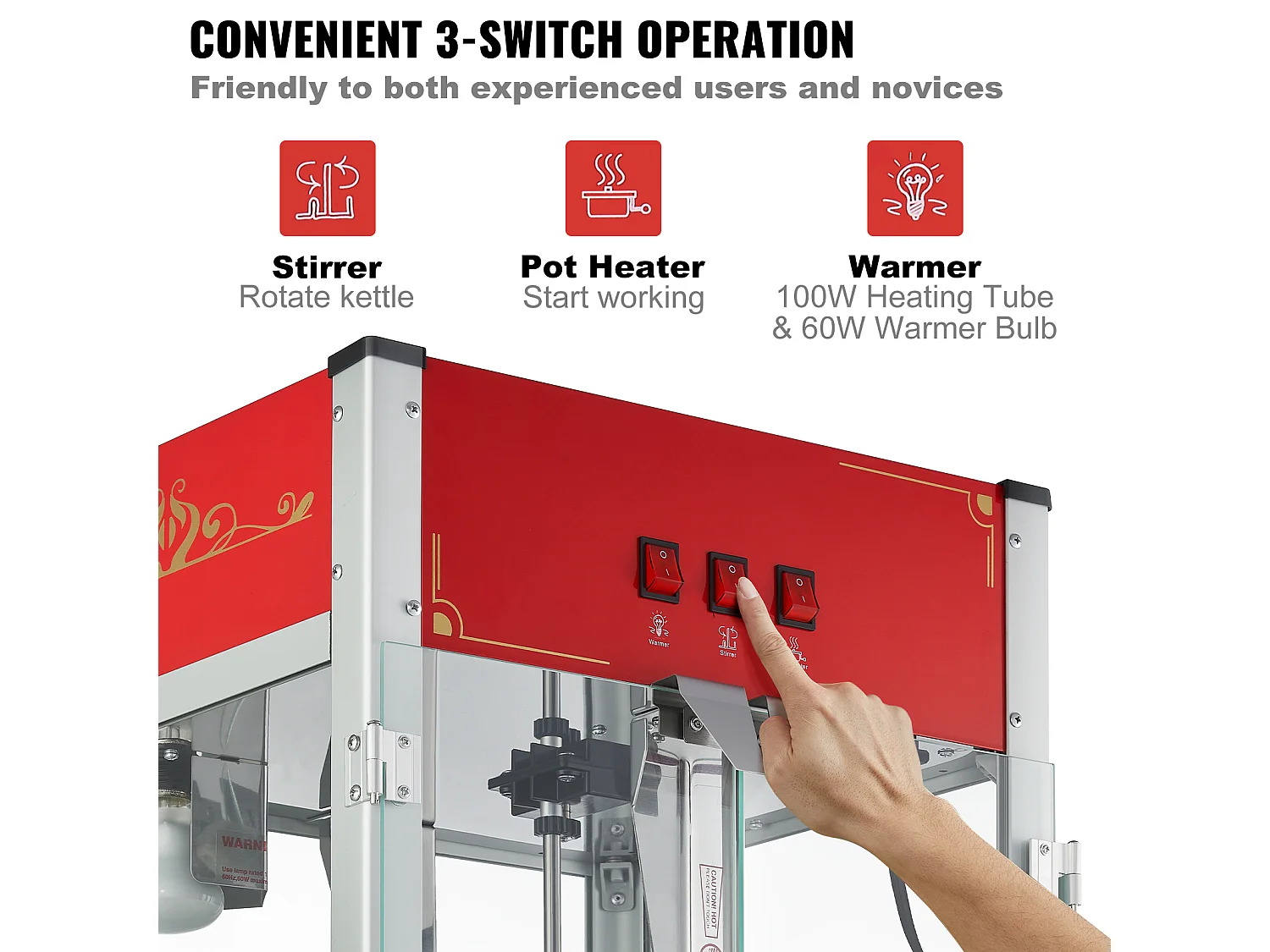 Machine à Pop-Corn SucceBuy, 1440 W, Bouilloire de 12 oz, 80 Tasses par lot, Machine de Comptoir avec Verre Trempé, 3 Cuillères en Acier Inoxydable, Rouge