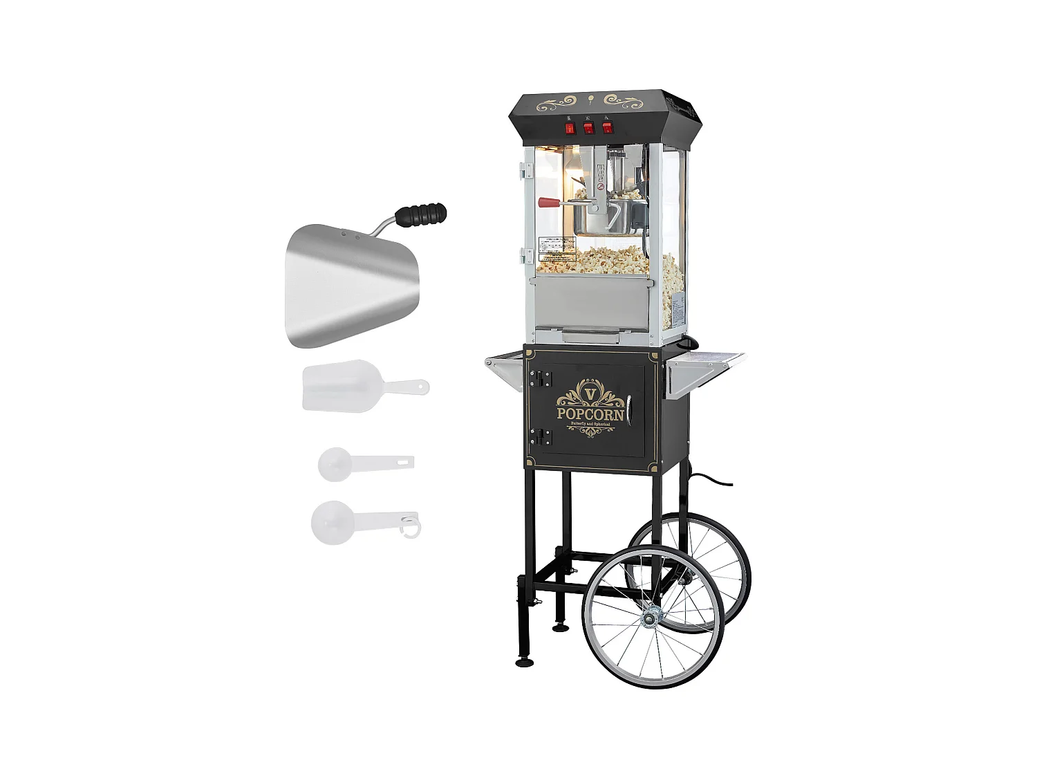 Maszyna Do Popcornu SucceBuy, Maszyna Do Popcornu 850 W z Wózkiem, Czajnik 227 g na 48 Kubków na Partię, W Zestawie 4 Łyżki, Czarny