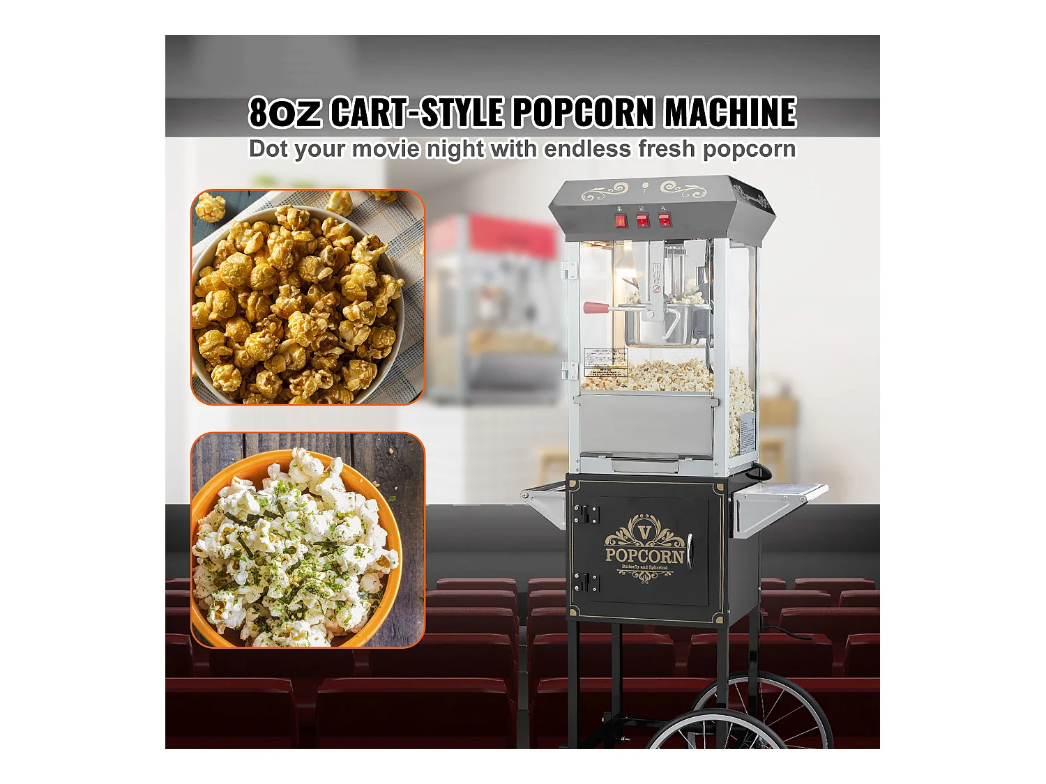 Maszyna Do Popcornu SucceBuy, Maszyna Do Popcornu 850 W z Wózkiem, Czajnik 227 g na 48 Kubków na Partię, W Zestawie 4 Łyżki, Czarny