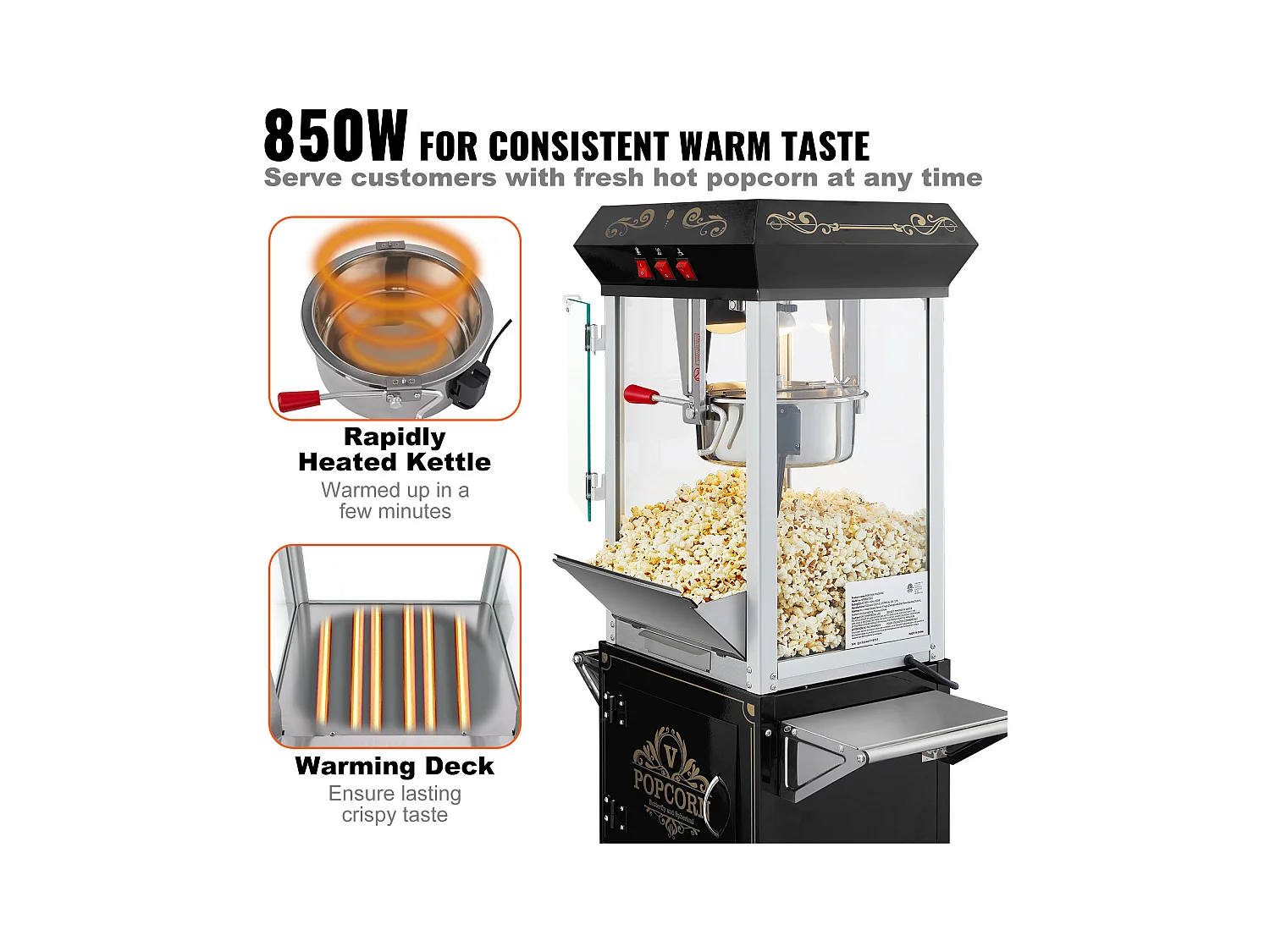 Maszyna Do Popcornu SucceBuy, Maszyna Do Popcornu 850 W z Wózkiem, Czajnik 227 g na 48 Kubków na Partię, W Zestawie 4 Łyżki, Czarny