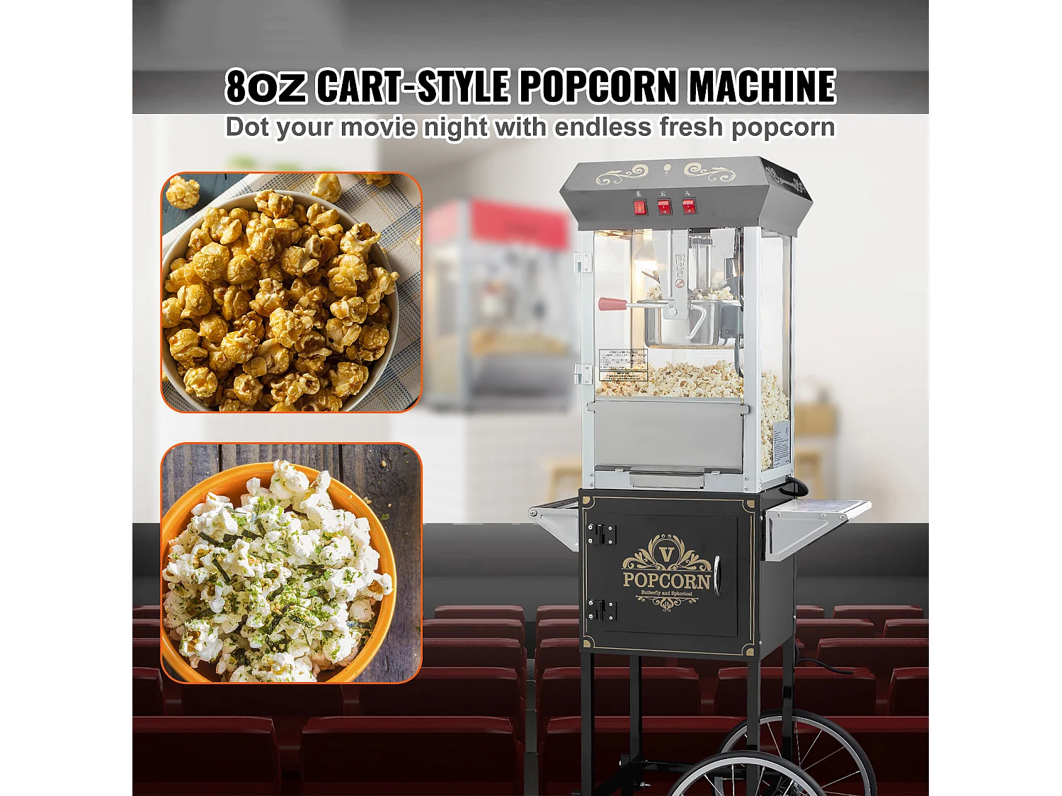 Maszyna Do Popcornu SucceBuy, Maszyna Do Popcornu 850 W z Wózkiem, Czajnik 227 g na 48 Kubków na Partię, W Zestawie 4 Łyżki, Czarny