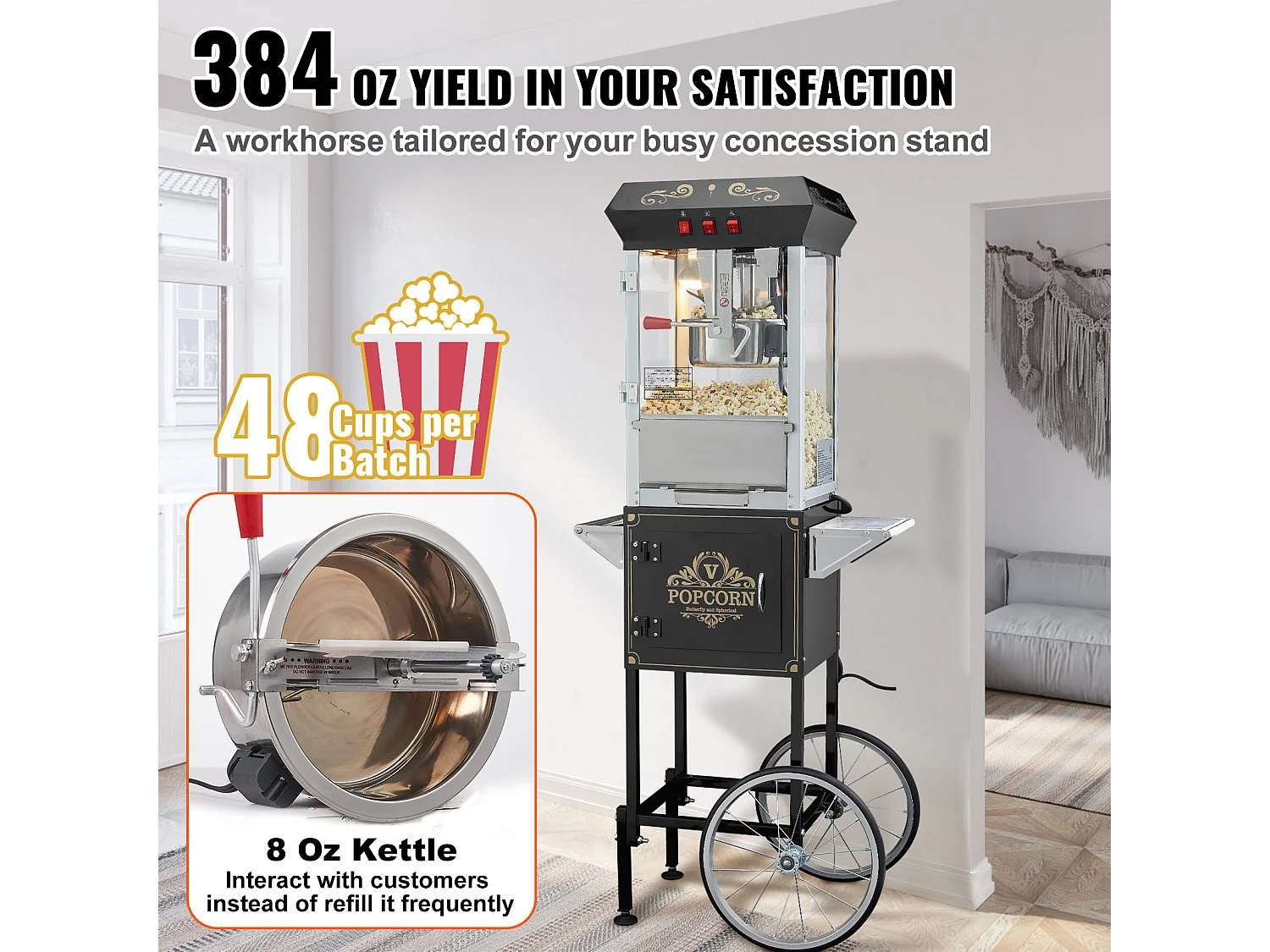 Maszyna Do Popcornu SucceBuy, Maszyna Do Popcornu 850 W z Wózkiem, Czajnik 227 g na 48 Kubków na Partię, W Zestawie 4 Łyżki, Czarny