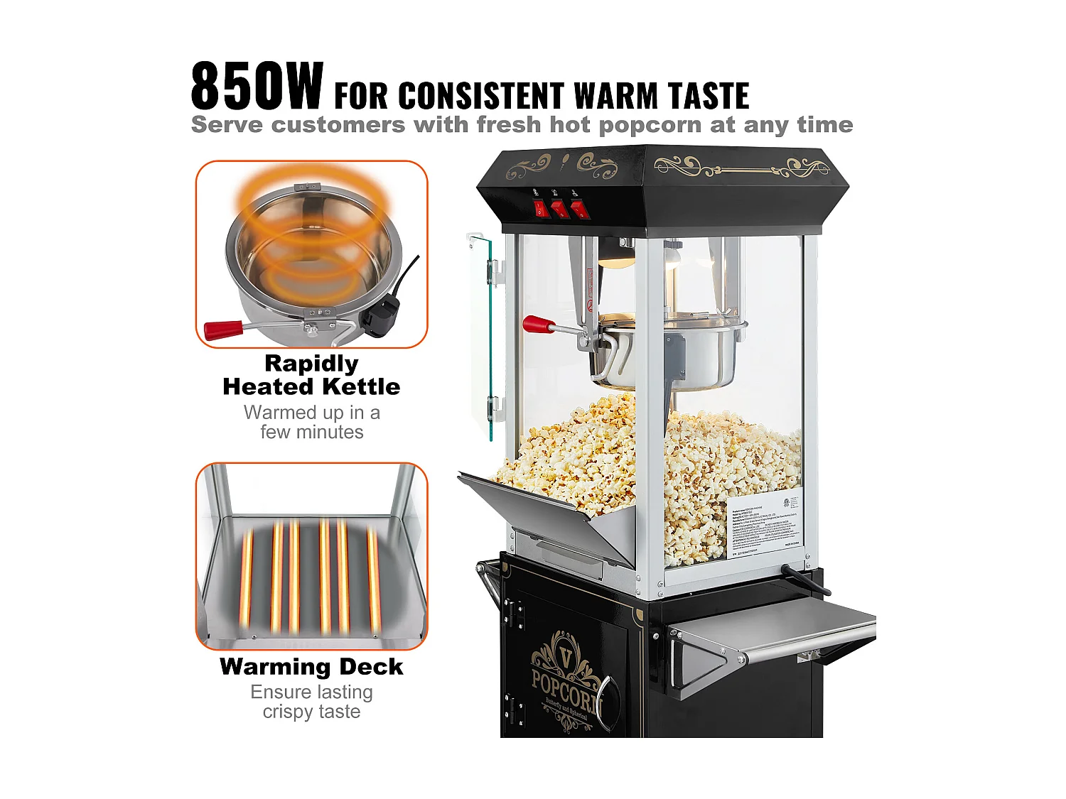 Maszyna Do Popcornu SucceBuy, Maszyna Do Popcornu 850 W z Wózkiem, Czajnik 227 g na 48 Kubków na Partię, W Zestawie 4 Łyżki, Czarny