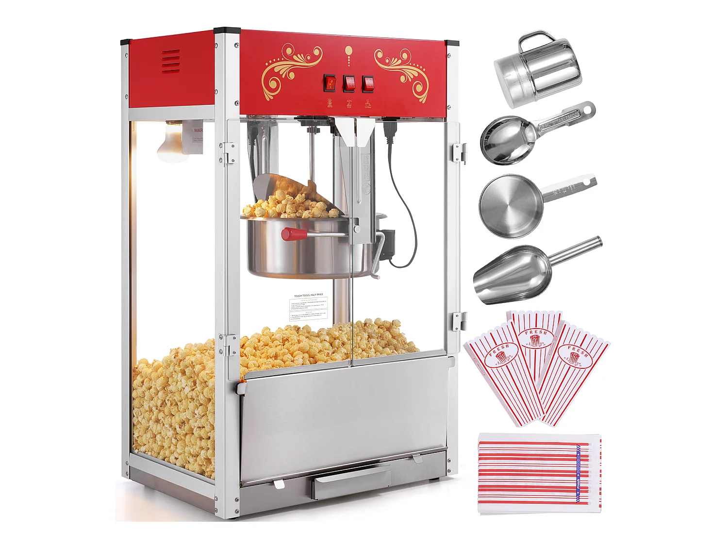Machine à Pop-Corn SucceBuy 1615 W, Machine à Pop-Corn de 16 oz, Machine de Comptoir avec Bouilloire en Verre Trempé, Style Cinéma, Rouge