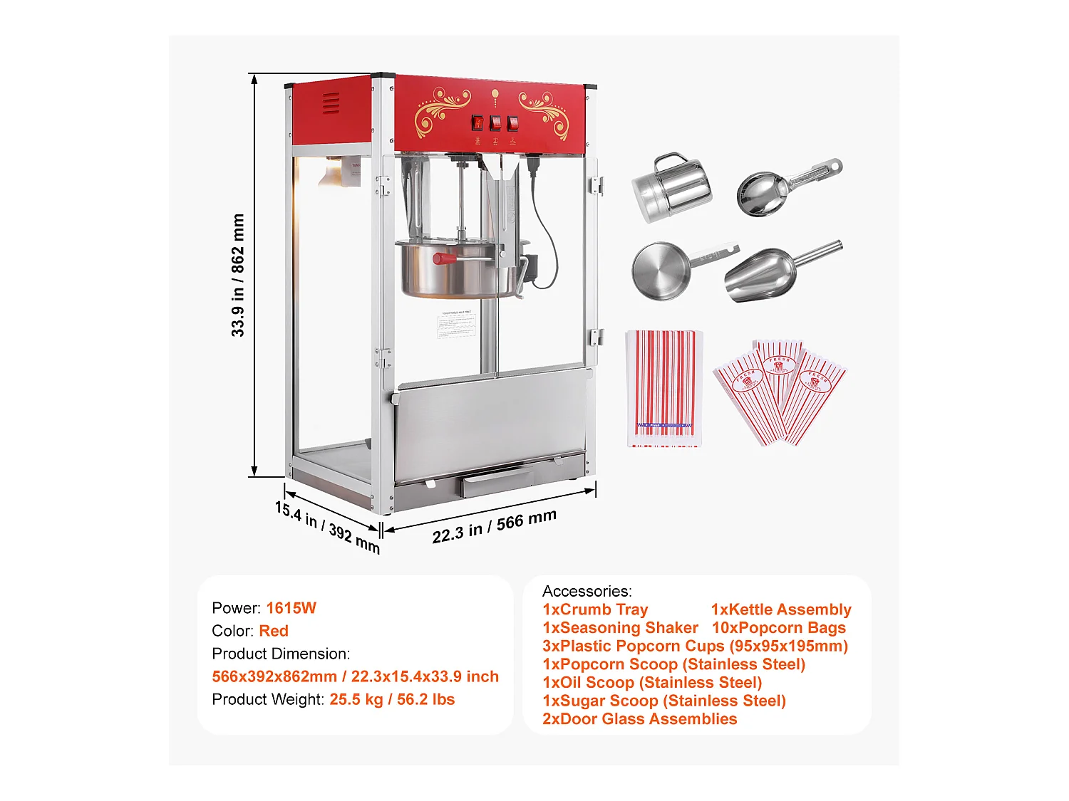 Machine à Pop-Corn SucceBuy 1615 W, Machine à Pop-Corn de 16 oz, Machine de Comptoir avec Bouilloire en Verre Trempé, Style Cinéma, Rouge