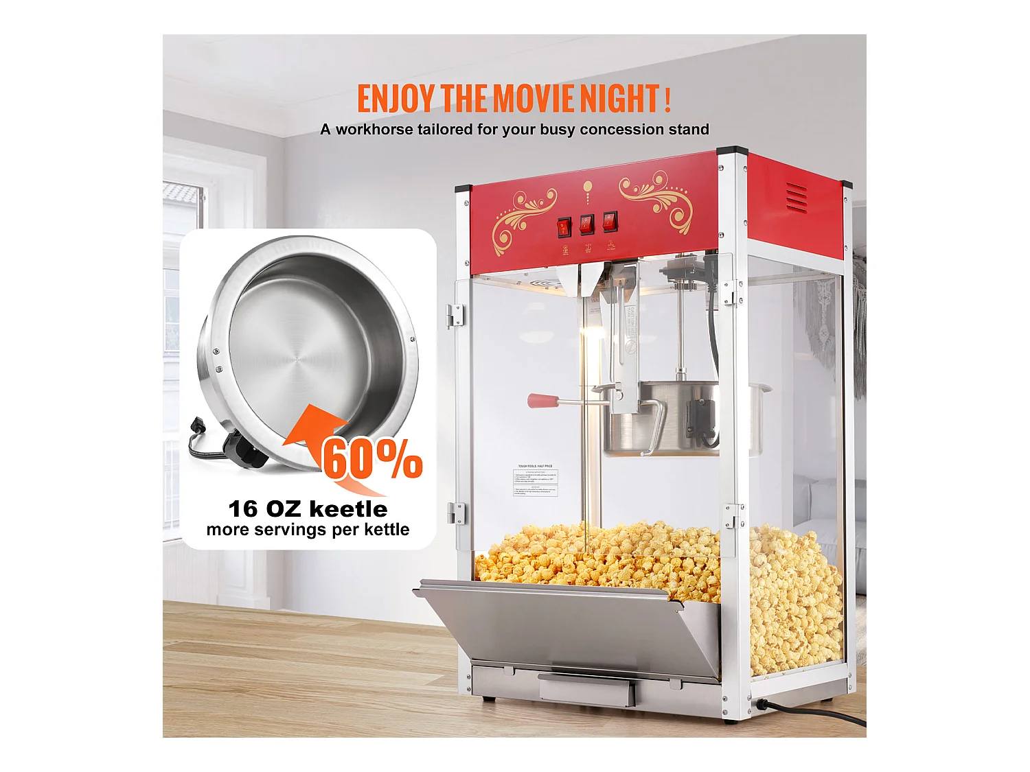 Machine à Pop-Corn SucceBuy 1615 W, Machine à Pop-Corn de 16 oz, Machine de Comptoir avec Bouilloire en Verre Trempé, Style Cinéma, Rouge