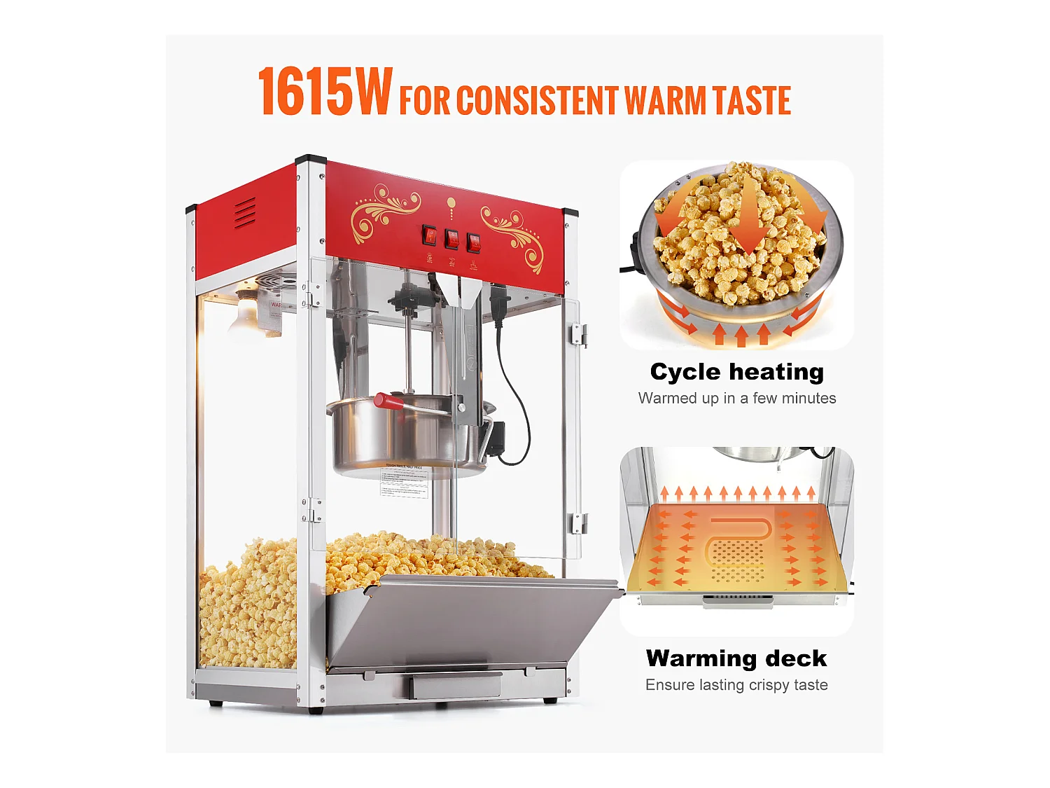 Machine à Pop-Corn SucceBuy 1615 W, Machine à Pop-Corn de 16 oz, Machine de Comptoir avec Bouilloire en Verre Trempé, Style Cinéma, Rouge