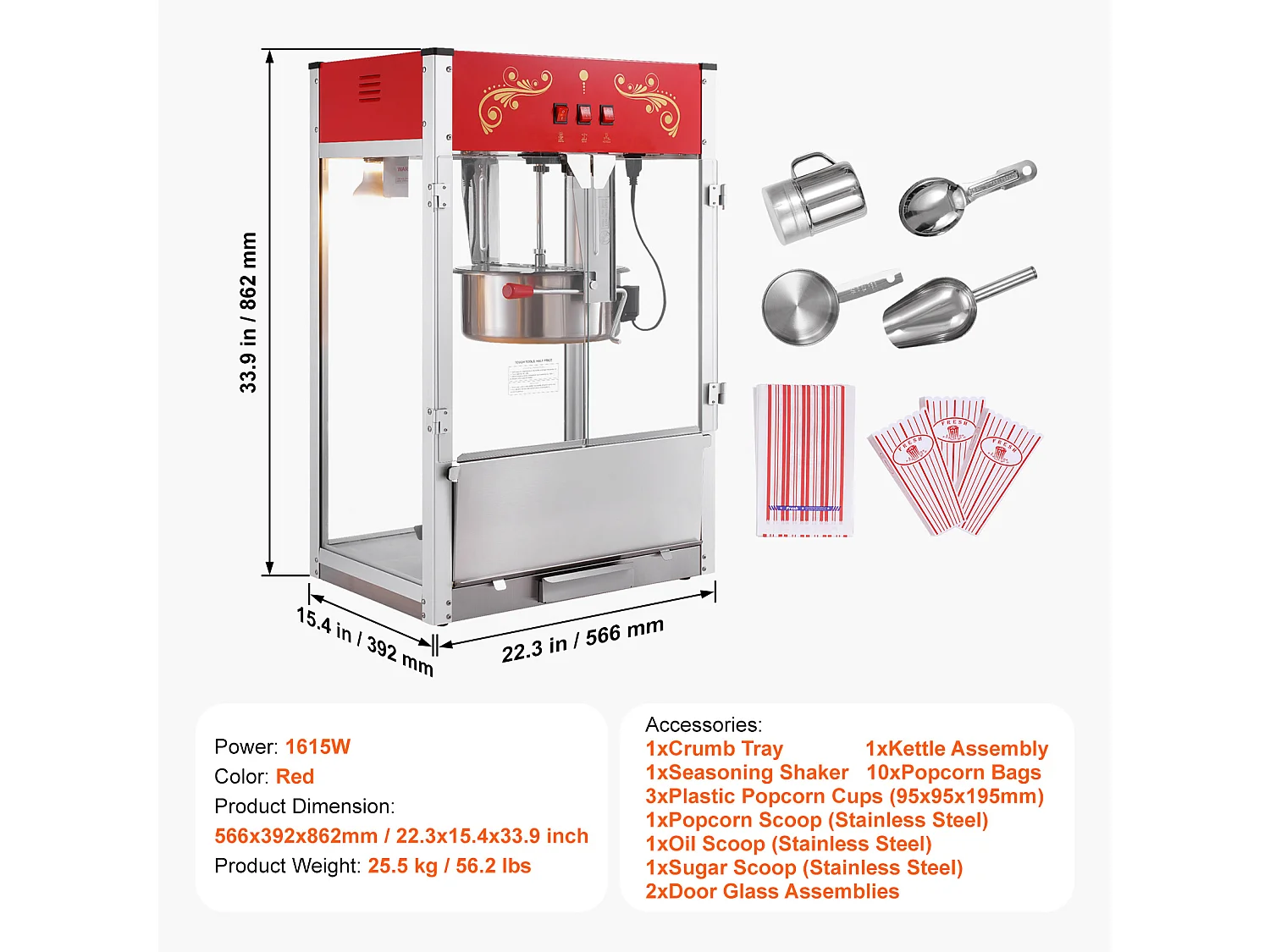 Machine à Pop-Corn SucceBuy 1615 W, Machine à Pop-Corn de 16 oz, Machine de Comptoir avec Bouilloire en Verre Trempé, Style Cinéma, Rouge