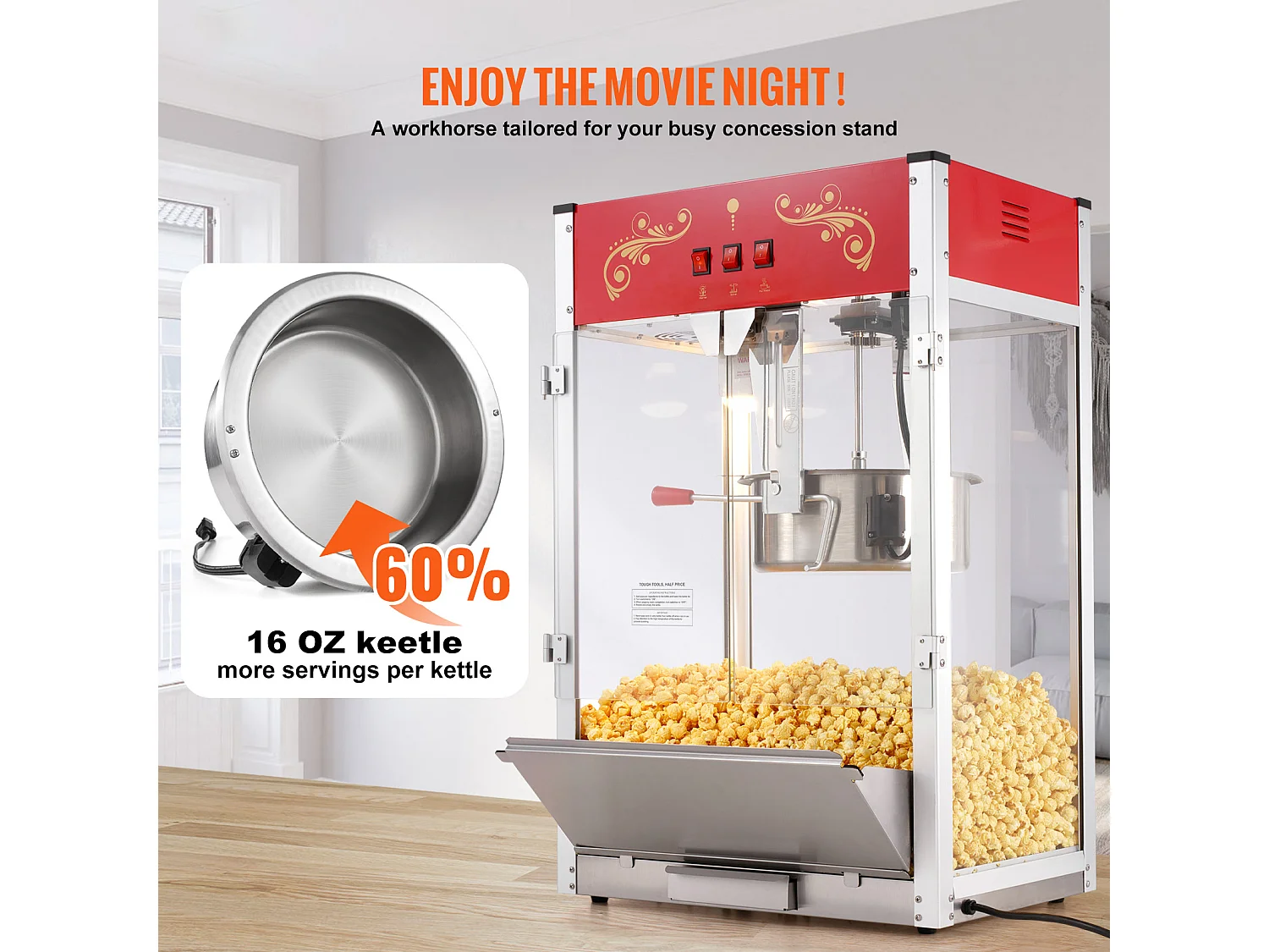 Machine à Pop-Corn SucceBuy 1615 W, Machine à Pop-Corn de 16 oz, Machine de Comptoir avec Bouilloire en Verre Trempé, Style Cinéma, Rouge