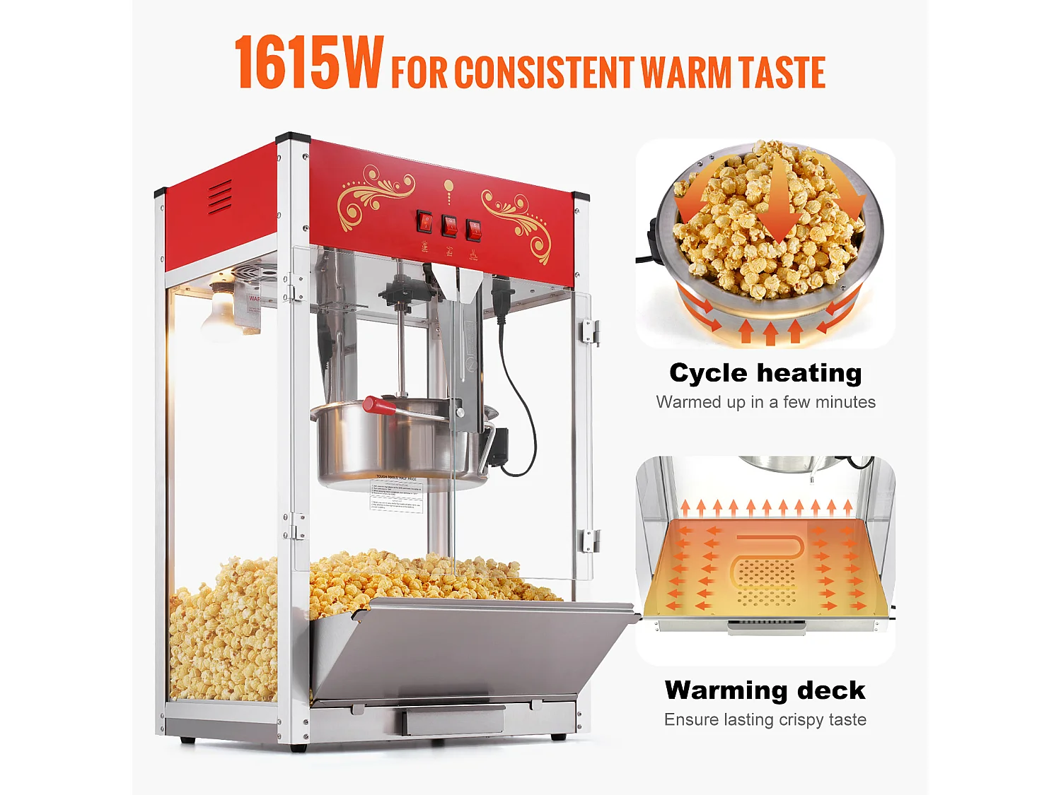 Machine à Pop-Corn SucceBuy 1615 W, Machine à Pop-Corn de 16 oz, Machine de Comptoir avec Bouilloire en Verre Trempé, Style Cinéma, Rouge
