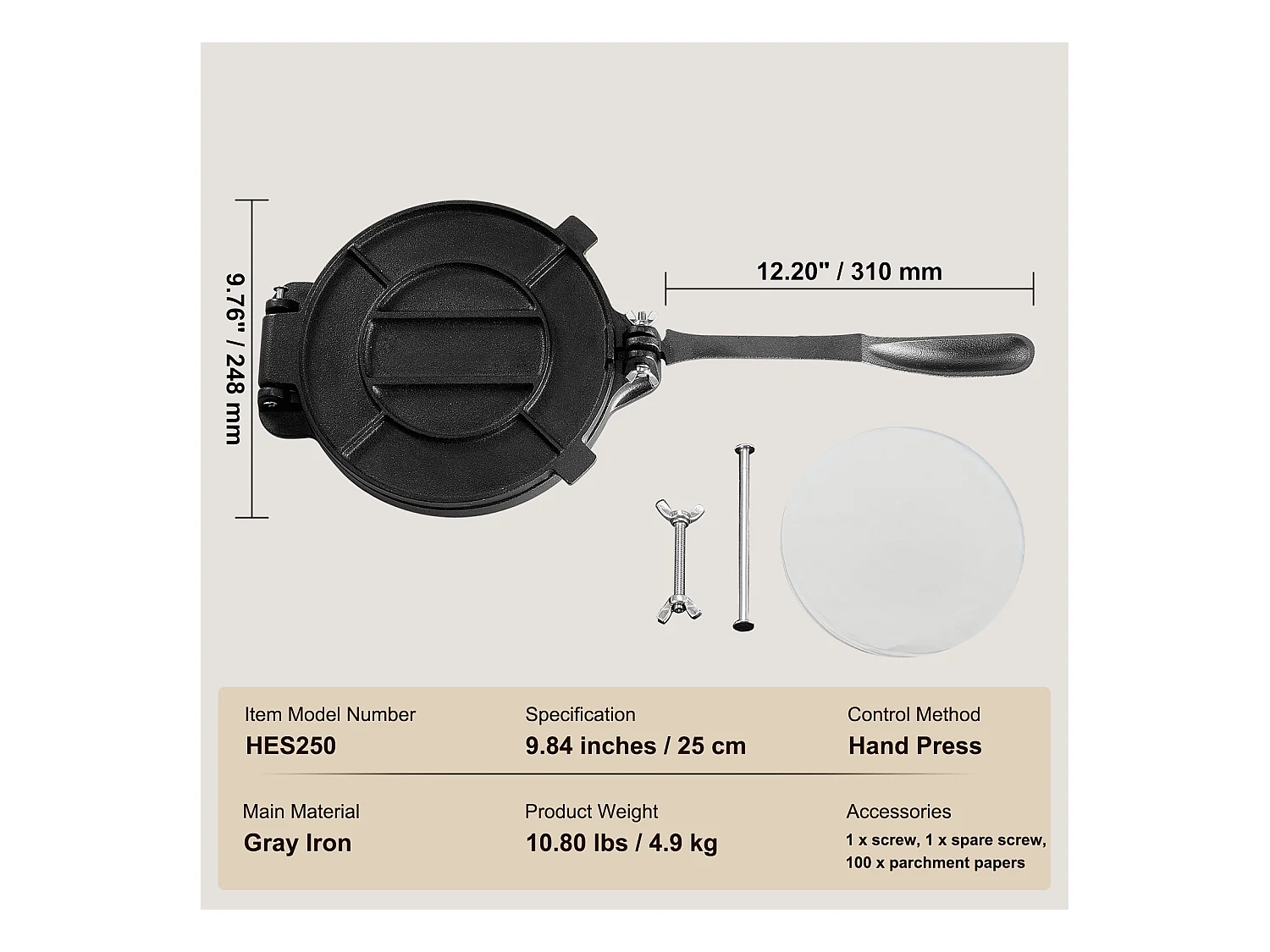 Presse à Pâte SucceBuy 20 cm, Machine à Pâte à Chapati et Roti en Fonte Robuste, pour les Tortillas à la Farine, Tawa, Argent