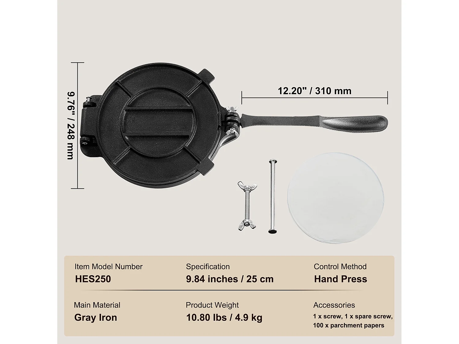 Presse à Pâte SucceBuy 20 cm, Machine à Pâte à Chapati et Roti en Fonte Robuste, pour les Tortillas à la Farine, Tawa, Argent