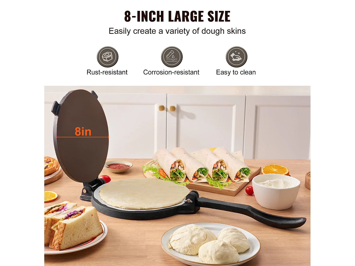 Presse à Pâte SucceBuy 20 cm, Machine à Pâte à Chapati et Roti en Fonte Robuste, pour les Tortillas à la Farine, Tawa, Argent